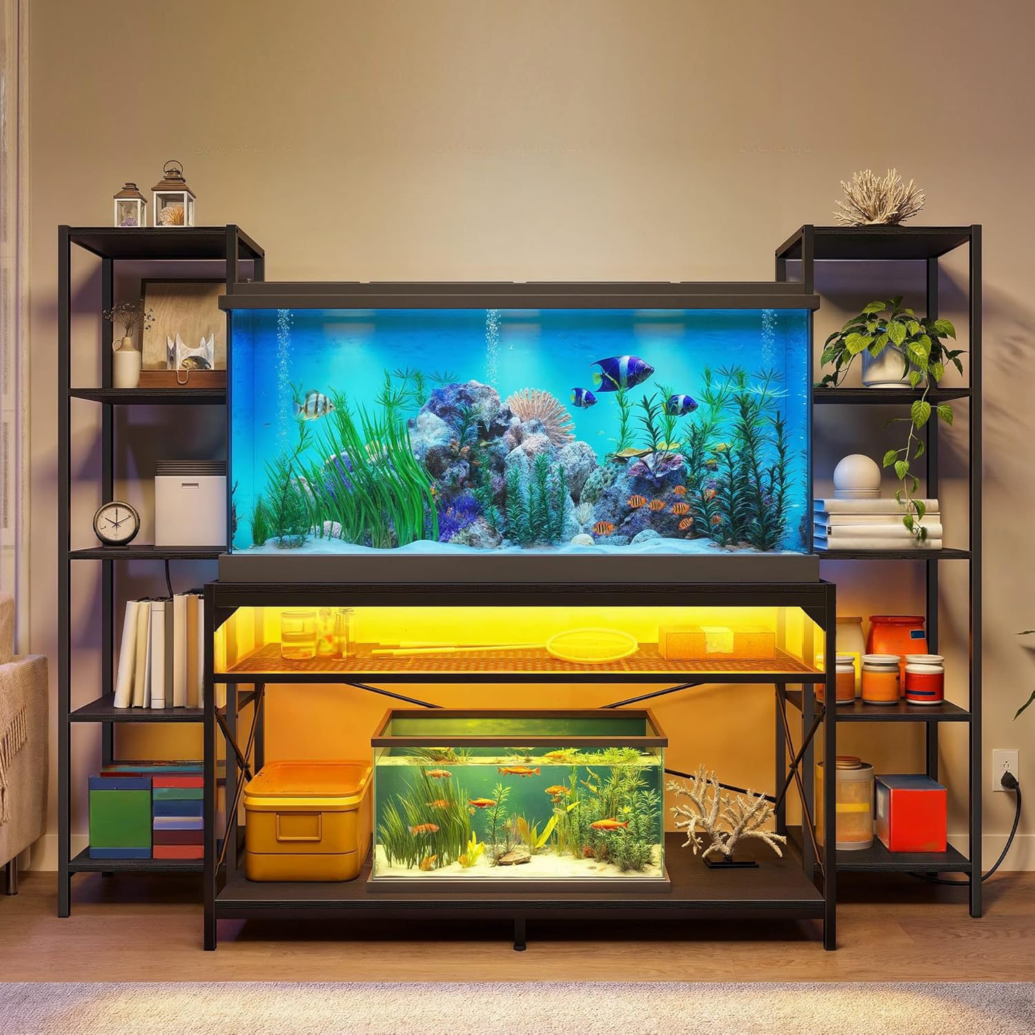 DWVO 55-75 Gallon Aquarium Stand with Power Outlets & LED Light, Display Stand for Turtle Tank, Reptile Terrarium, Heavy Duty Me