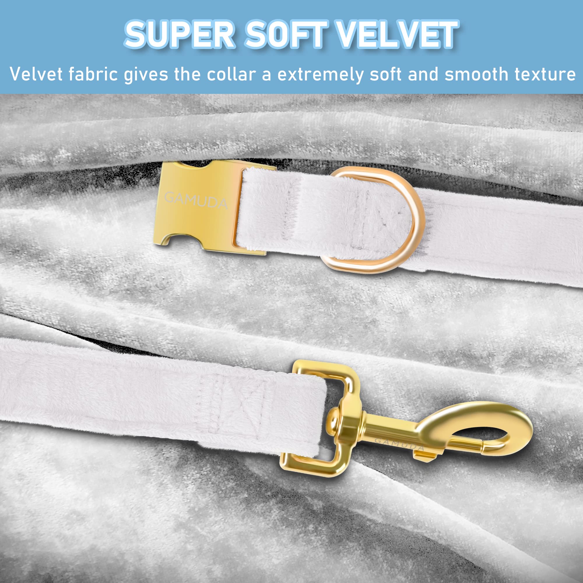 GAMUDA Velvet Dog Collar and Leash, Super Soft and Smooth, Heavy Duty Gold Buckle, Comfortable and Easy to Clean, Adjustable Col