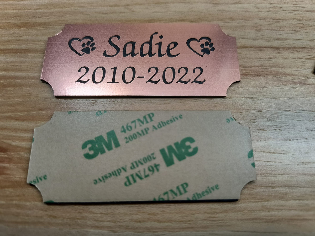 Custom Engraved 1.25X3 Rose Gold Pet Name Memorial Plaque With Heart-Paw Symbol & Adhesive Backing | Urn Ash Box Memory Of Dog O
