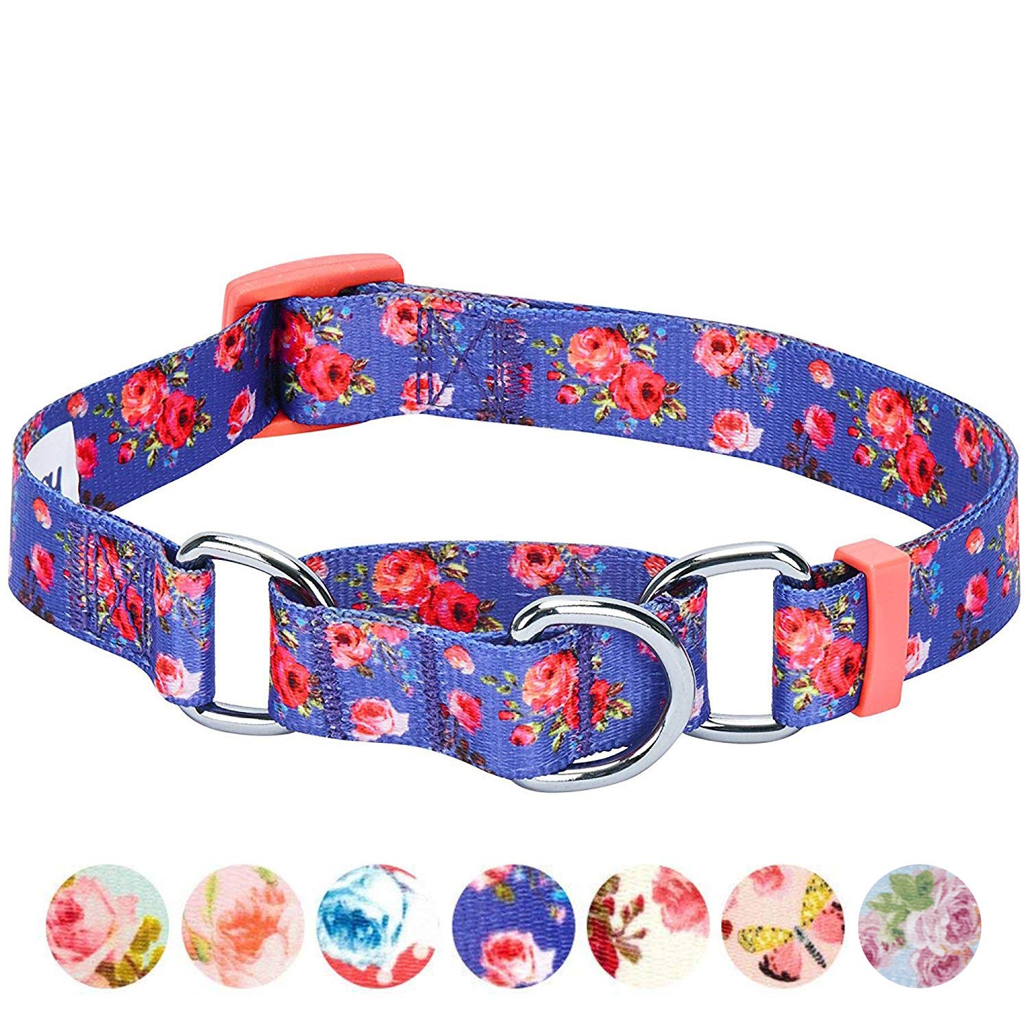 Blueberry Pet Spring Scent Inspired Rose Print Martingale Safety Training Dog Collar, Irish Blue, Large, Heavy Duty Adjustable Collars For Dogs