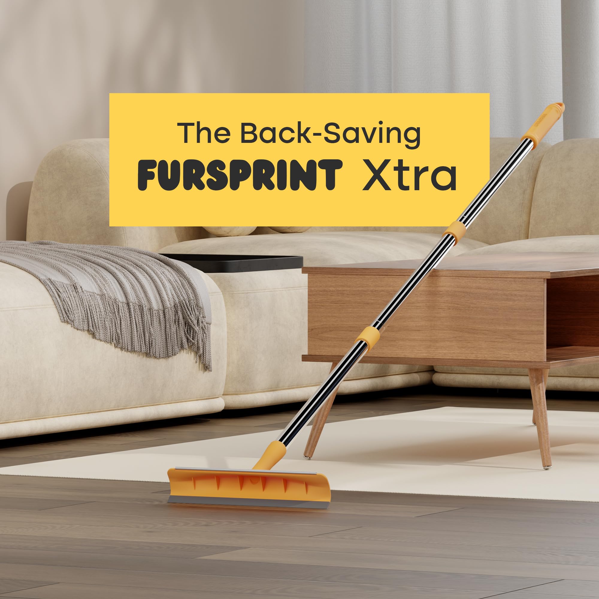 Fursprint Xtra Tool: Reusable Pet Hair Removal Broom - Adjustable 60'' Handle - As Easy As Our Pro, But Made For Carpets, Curtai