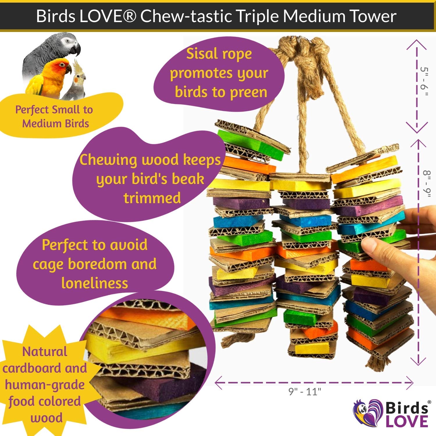 Birds Love Chew-Tastic Triple Tower Bird Cage Toy Shredded | Small Bird Toy For Green Cheek Conures Sun Conures Caiques Senegals Quakers And Similar Small Sized Parrots
