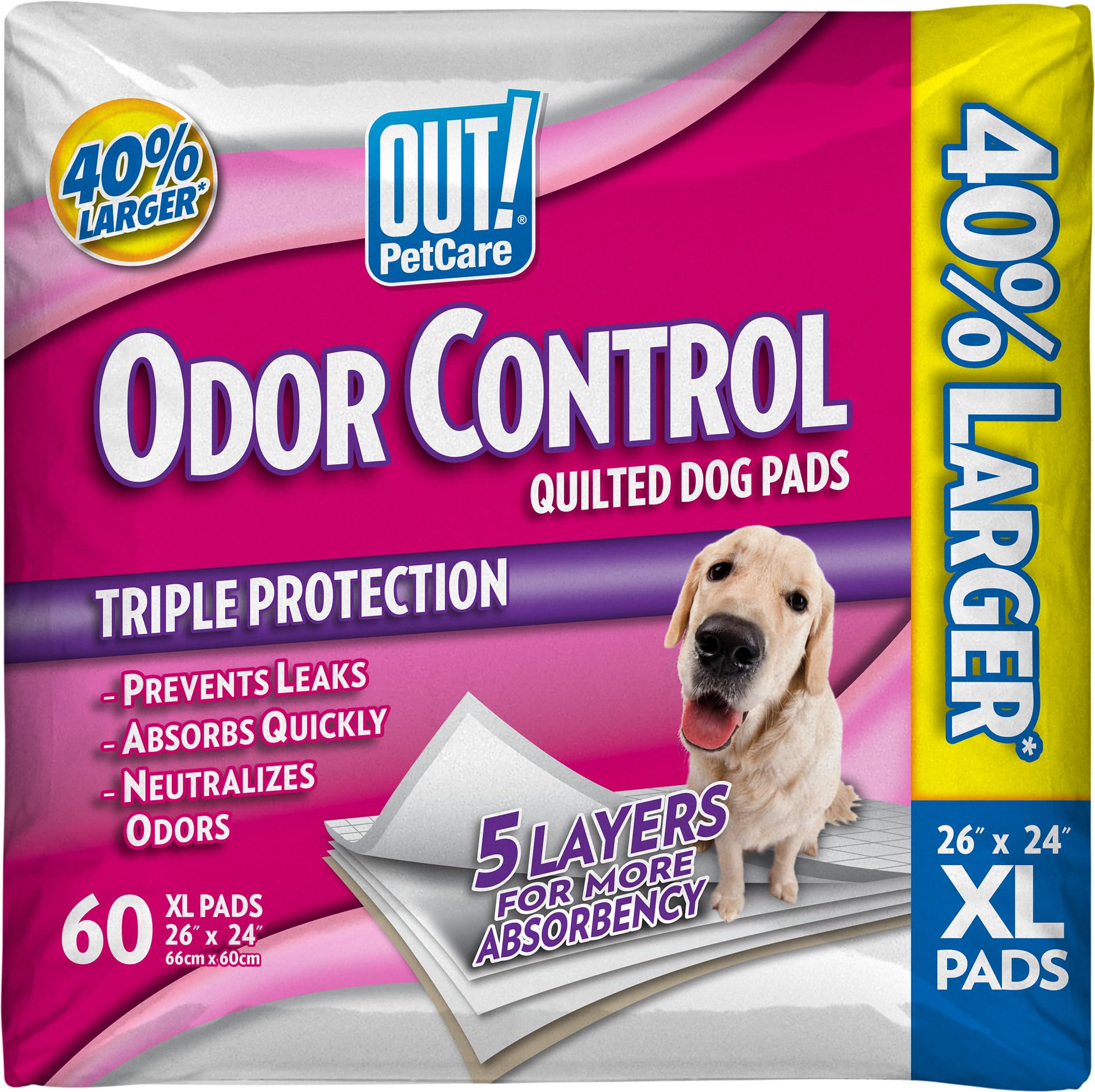 OUT! Petcare XL Dog Training Pads, Odor Control Dog Pads, Extra Large Pee Pads for Dogs, Puppy Pee Pads, Leak Proof, Disposable,