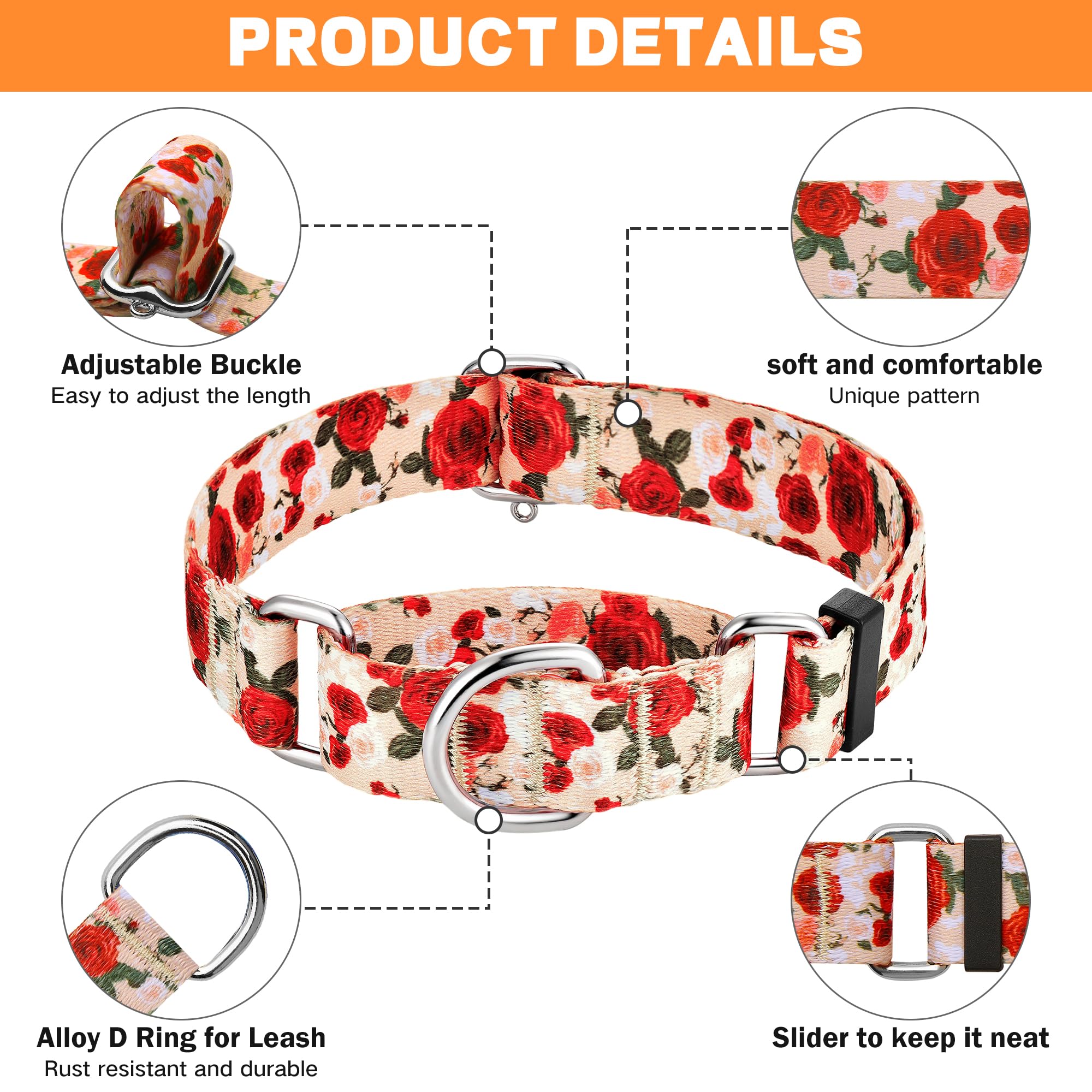 Hikiko Martingale Collar For Dogs With No Buckle Floral Designer Female Dog Collars Nylon No Pull Dog Collar For Large Dogs,Red