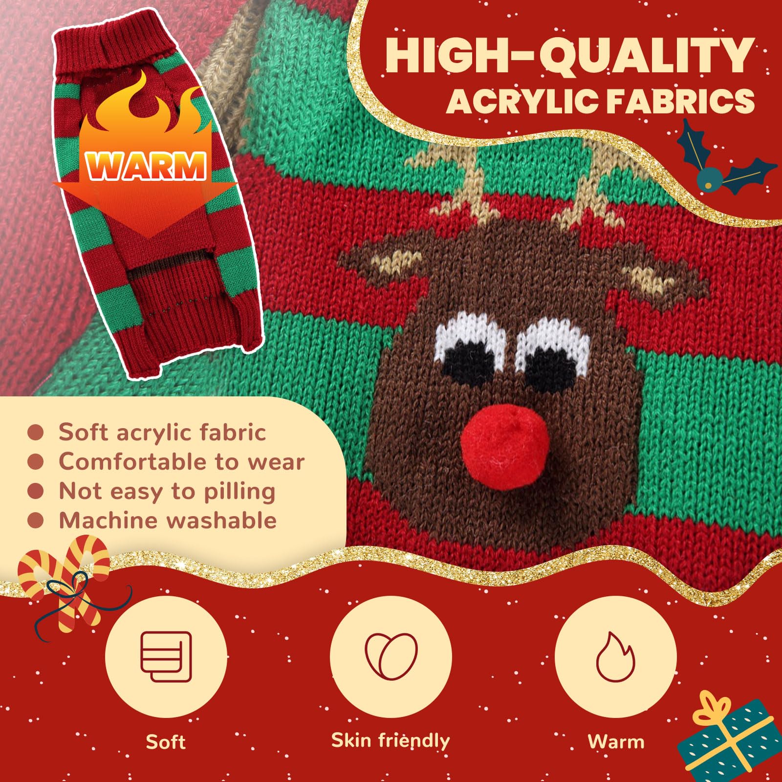 Axiijgl Small Dog Reindeer Christmas Sweater - Striped Dachshund & Chihuahua Frenchie Dog Clothes