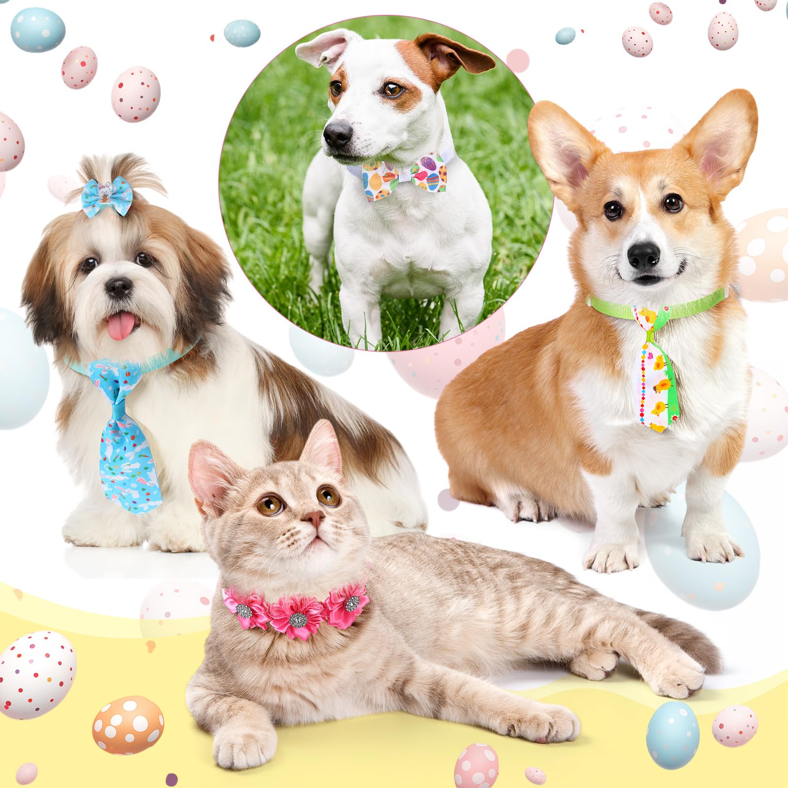 Reginary 70 Pcs Easter Dog Bow Ties Collar Set Adjustable Grooming Hair Bows Rabbit Eggs Butterfly Rhinestone Pattern Neckties F