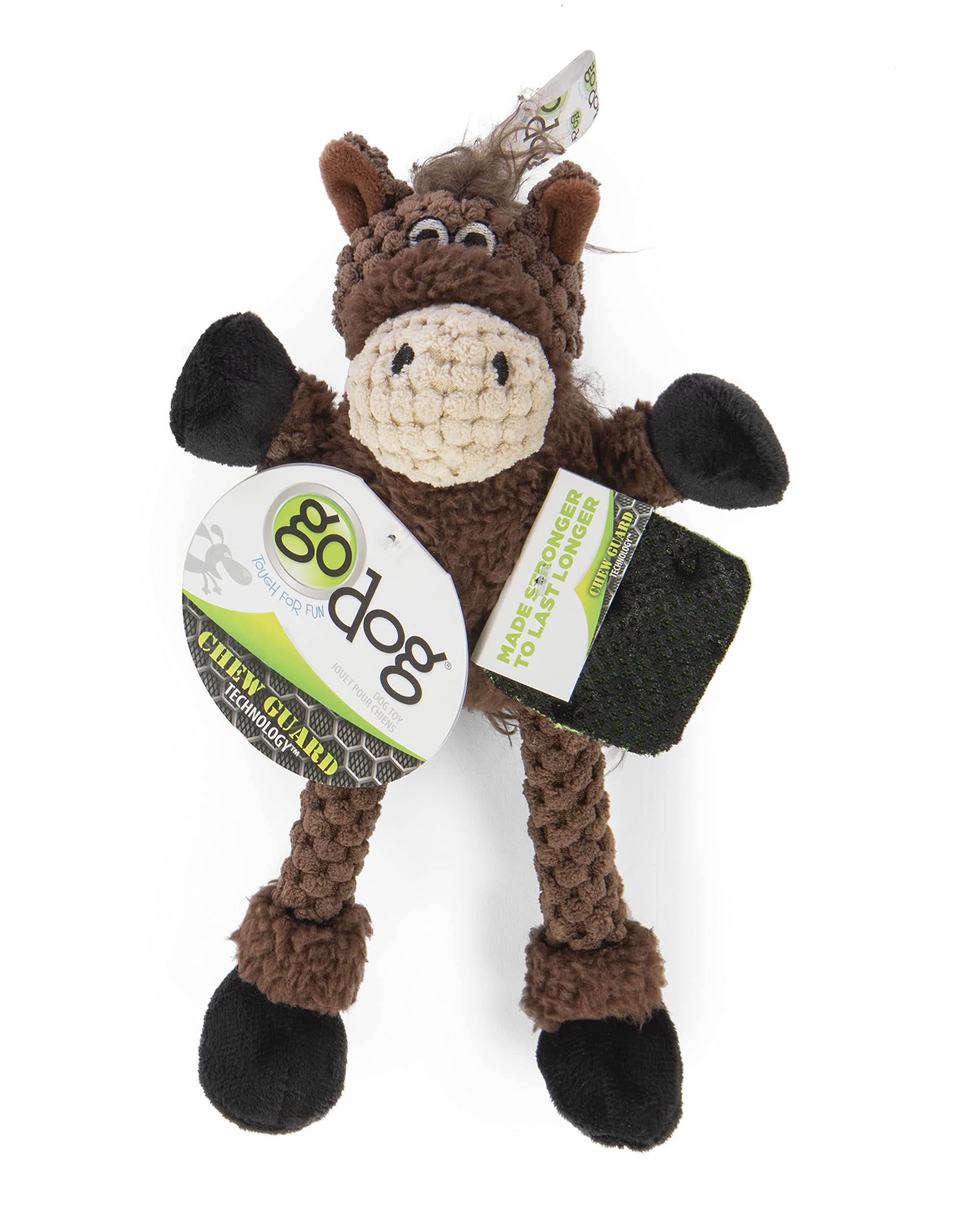 Godog Checkers Just For Me Skinny Horse Squeaky Plush Dog Toy, Chew Guard Technology - Brown, Mini