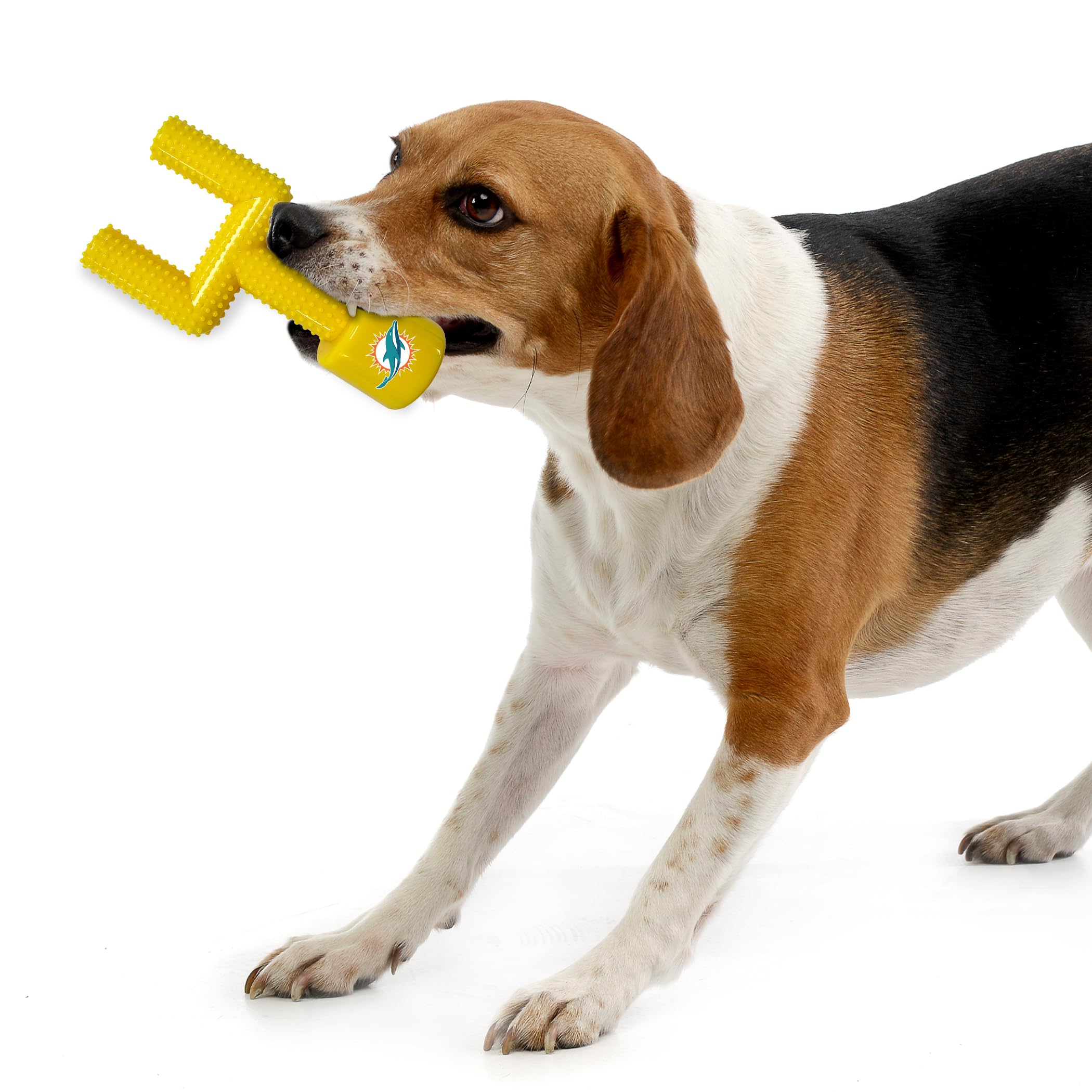 Nfl Miami Dolphins Mega- Chew Hard Nylon Bacon-Flavored Dog Bone Football Goal Post Chew Toy. Interactive Tasty Fun Dog Chew Toy