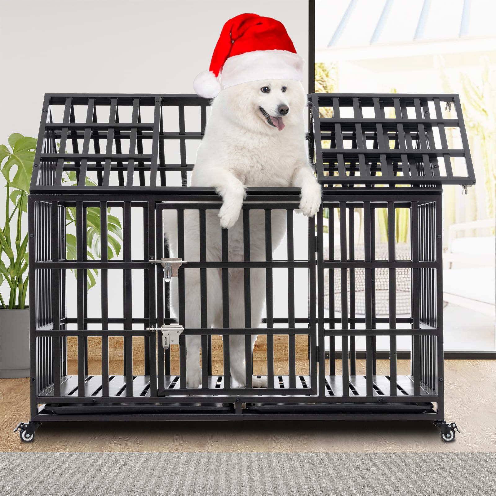 Heavy Duty Dog Crate, Escape Proof Dog Cage For Large Extra Large Dogs, 52 Inch, Dog Kennel Indoor With Lockable Wheels, Indestr