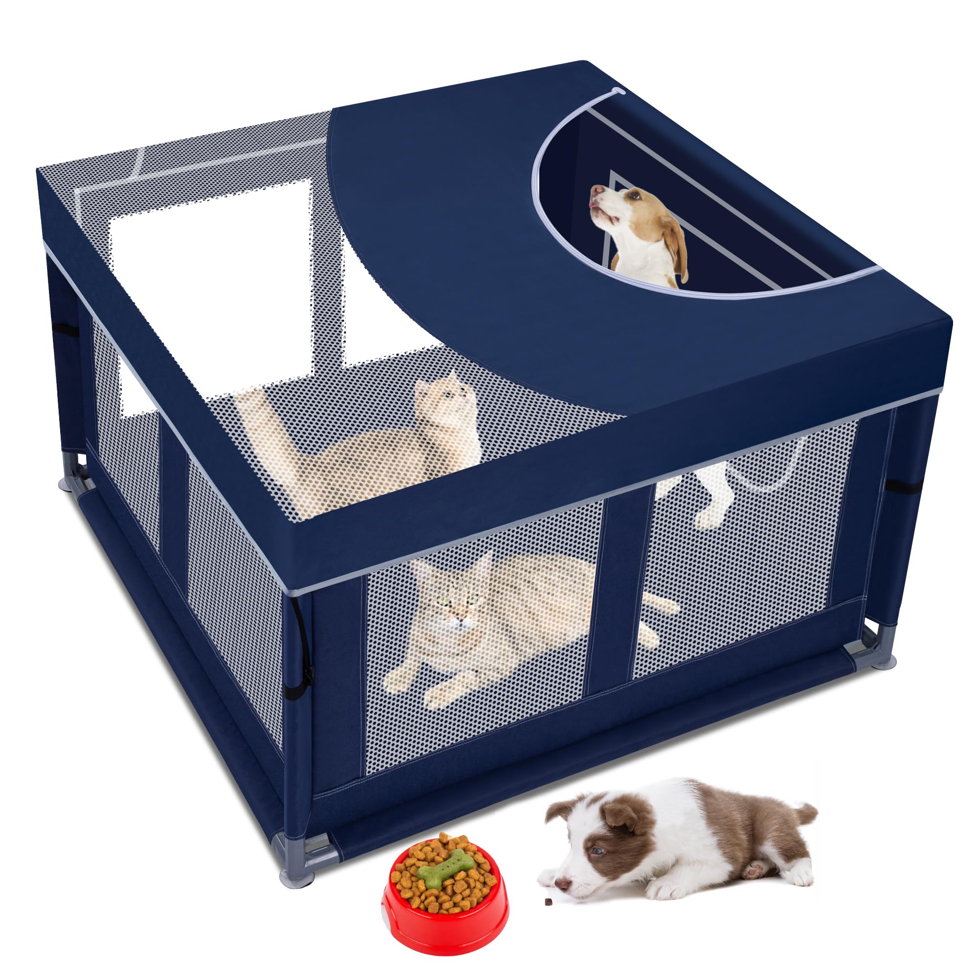 Dog Kitten Playpen With Play Pen Cover For Cat Indoor, 42X42 X25.5 Puppy Playpen For Small Pet With See-Through Topper Proof Enc
