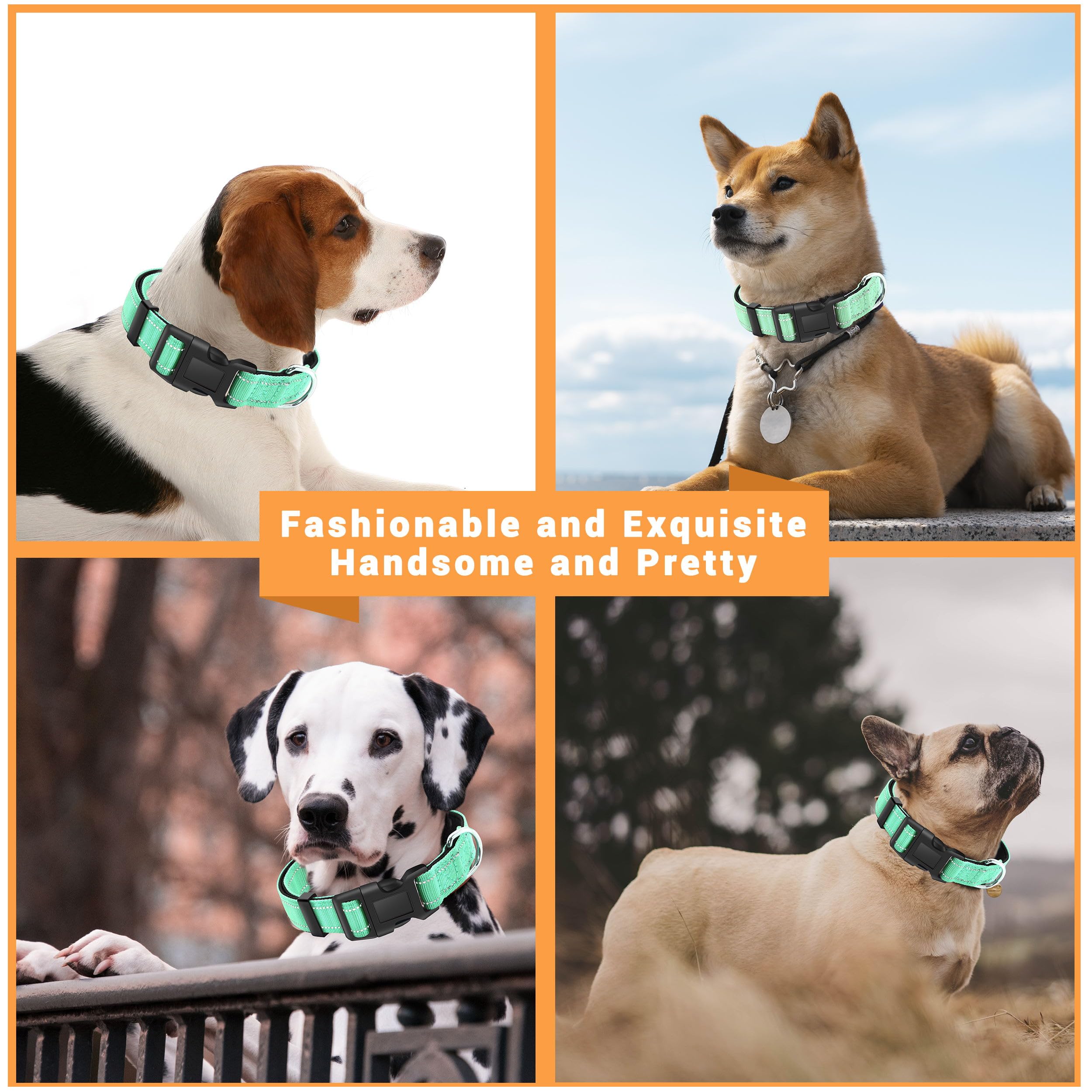 Lievuiken 2 Pack Reflective Dog Collar With Safety Locking Buckle, Adjustable Soft Breathable Comfortable Nylon Pet Collar For Small, Medium And Large Dogs, Turquoise, Xs