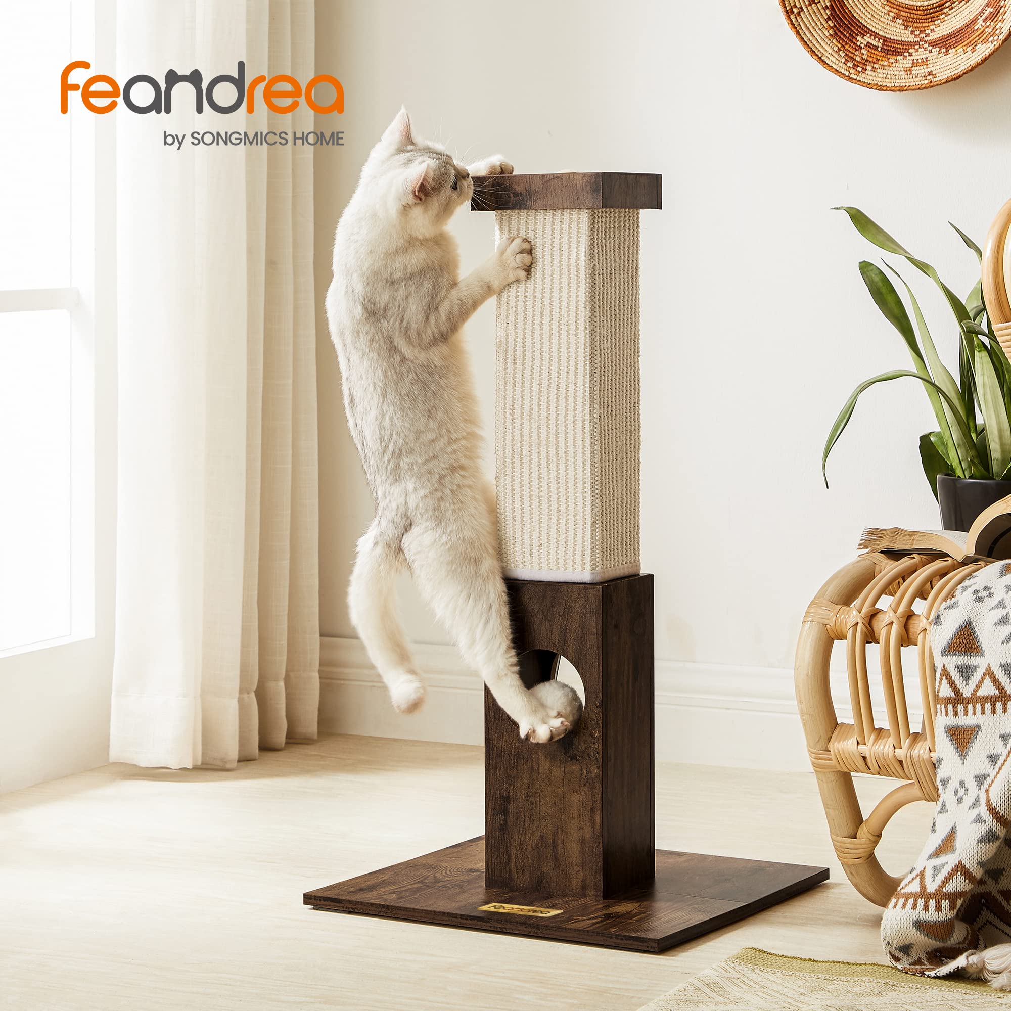 Feandrea Cat Scratching Post, Cat Scratcher For Indoor Cats, 28.7 Inches Tall, Furniture Scratching Deterrent Sisal Scratch Pole With Toy, Rustic Brown Upca021X01