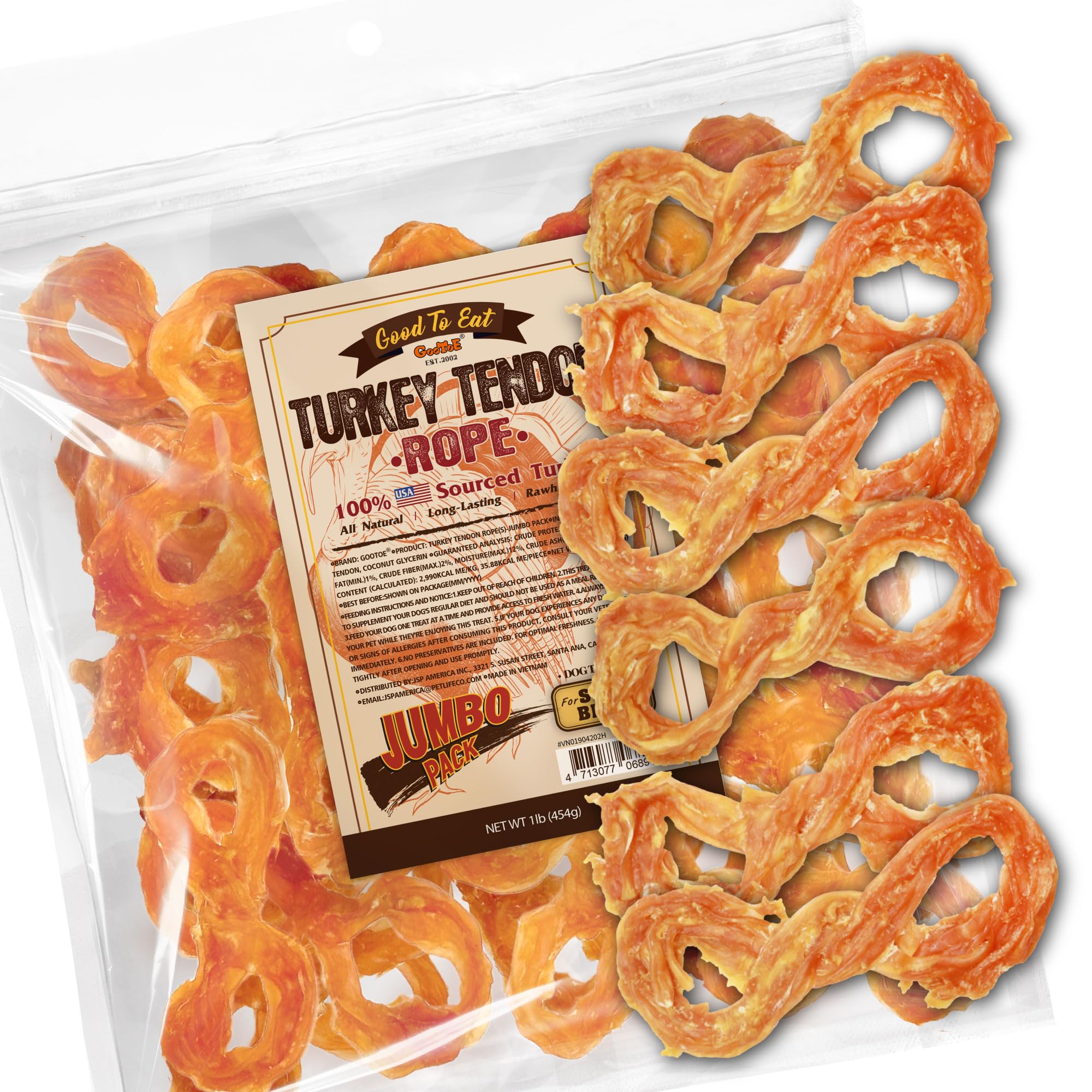 Gootoe Turkey Tendon Dog Treats, Rope (S) 1 lb, 100% USA-Sourced Turkey, Natural Snack, Premium Puppy Chews, Hypoallergenic, Res