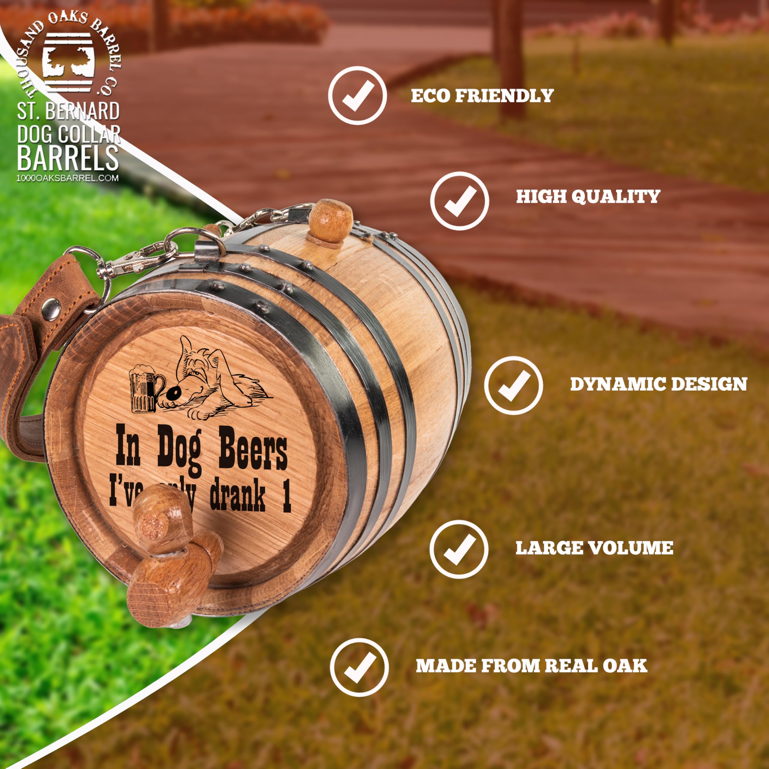 St Bernard Whiskey Barrel Collar For Dog, In Dog Beers' - 1/2 Liter Oak Aging Barrel Dispenser For Saint Bernard Dogs With Adjus