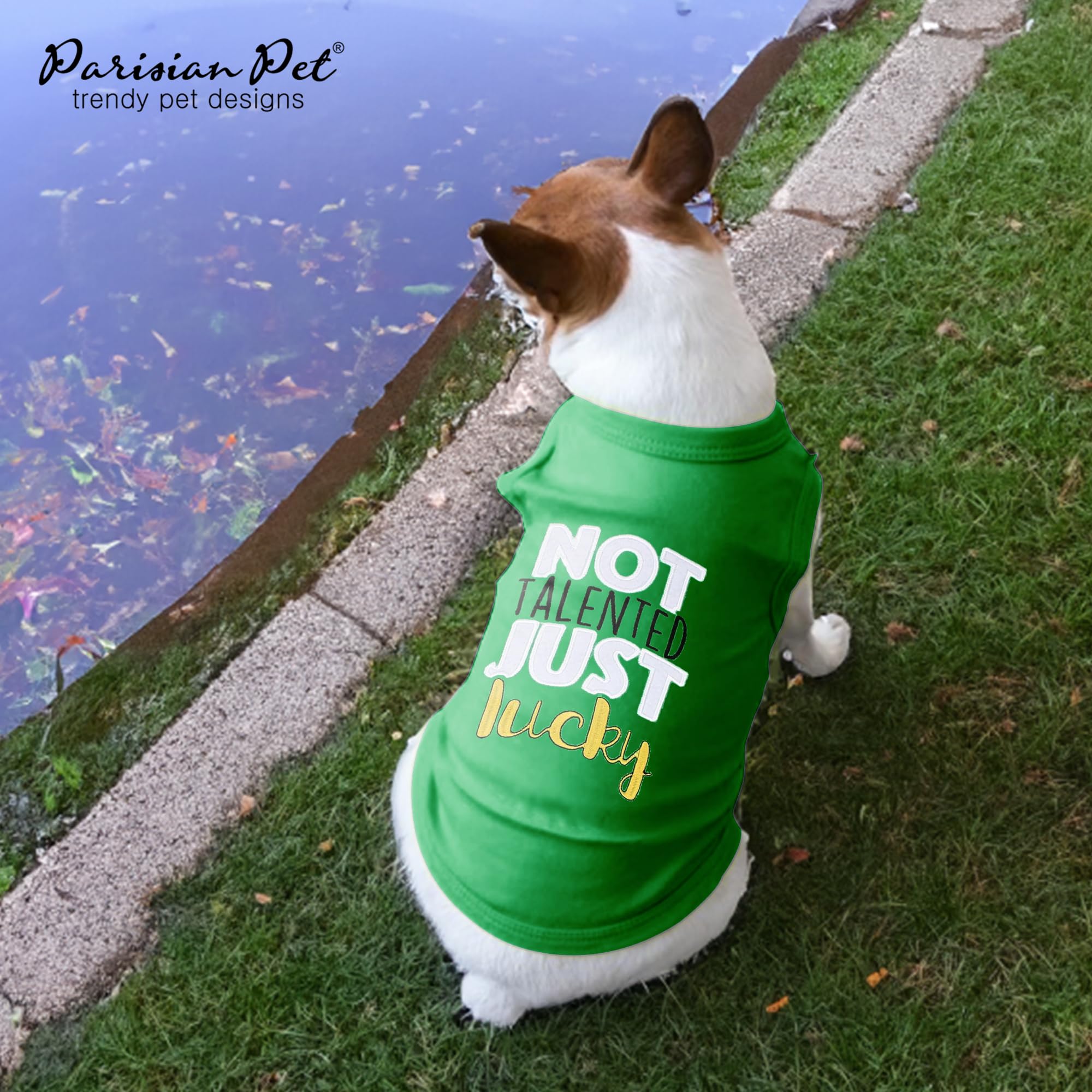 Parisian Pet Dog Tshirt - Embroidered  Not Talented Just Lucky  Dog Clothes - 100% Cotton Pet Vest - Sleeveless Green Tee Shirts