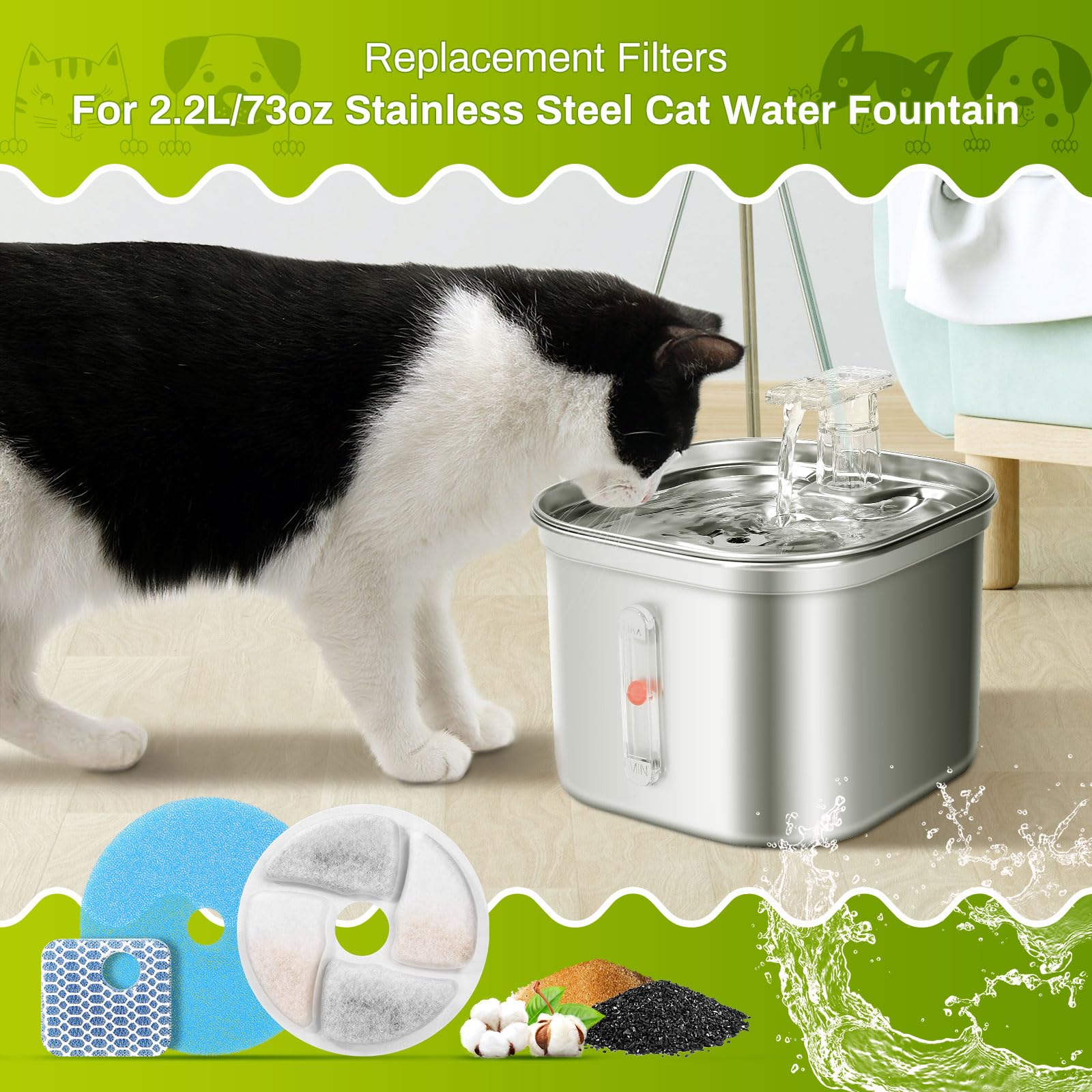 10 Set Cat Water Fountain Filter Replacement for Square 2.2L/73oz Stainless Steel Cat Fountain, ZEKIRY Pet Fountain Filter, Trip