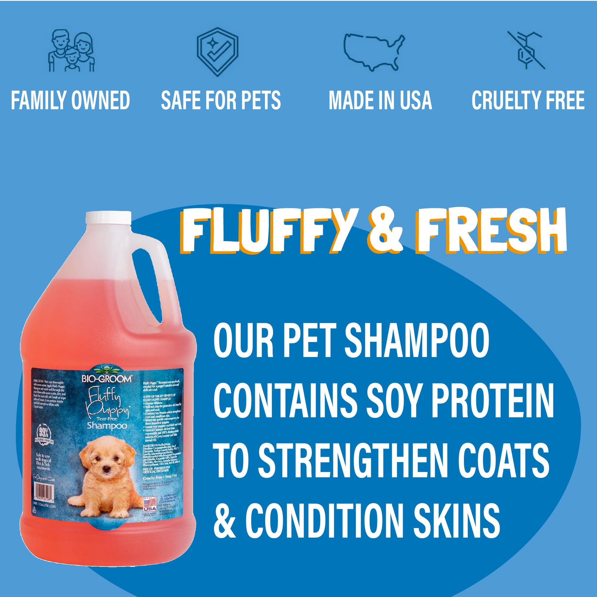 Bio-Groom Fluffy Puppy Tear-Free Shampoo- Dog Bathing Supplies, Puppy Shampoo, Cat & Dog Grooming Supplies For Sensitive Skin, Cruelty-Free, Made In Usa, Tearless Dog Products - 1 Gallon
