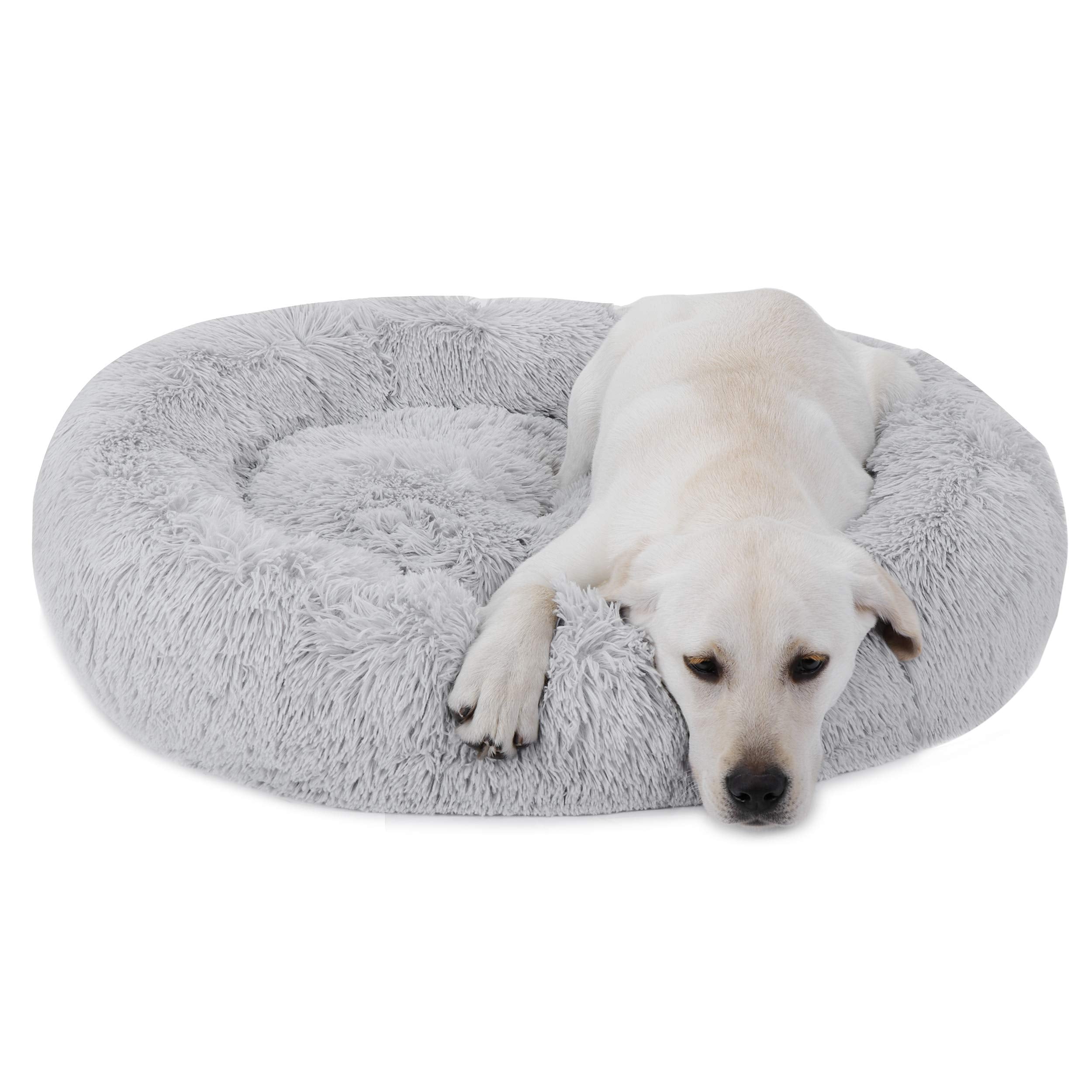 Donut Dog Bed Calming Ultra Soft Shag Faux Fur Dog Bed Comfortable Donut Cuddler For Dogs And Cats,Self Warming And Washable (30 Inches, Grey)