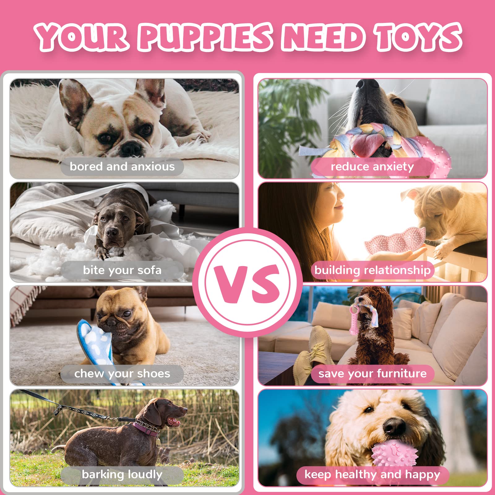 ABRRLO 6 Pack Puppy Teething Toys Cute Pink Puppy Chew Toys for Teething Small Breed Dog Chew Toy Interactive Pet Toy Set for Pu