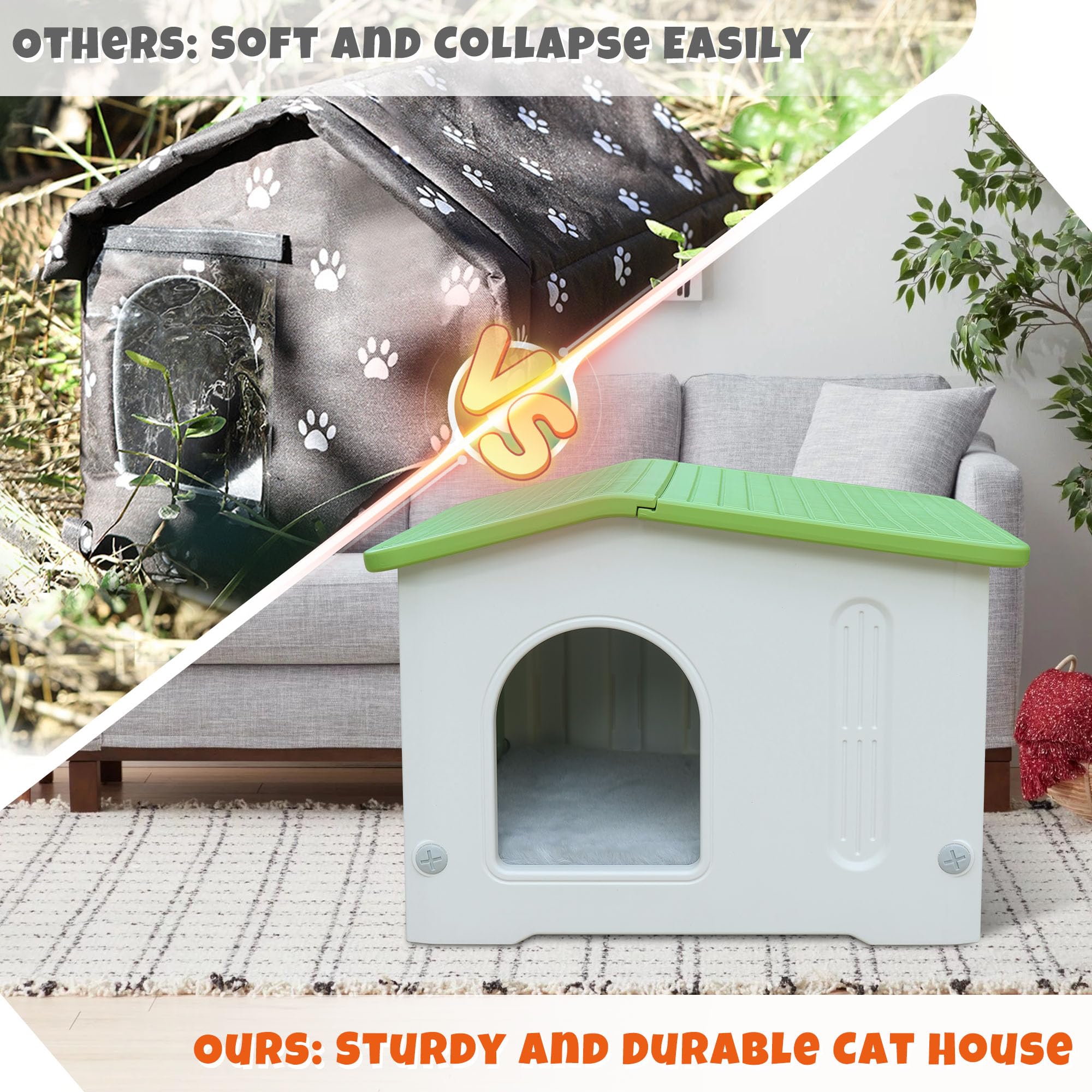 Outdoor Cat House With Escape Door,Feral Cat House With Selfwarming Mat Outdoor Cat House Watwerproof Large Cat House For 1-2 Ca