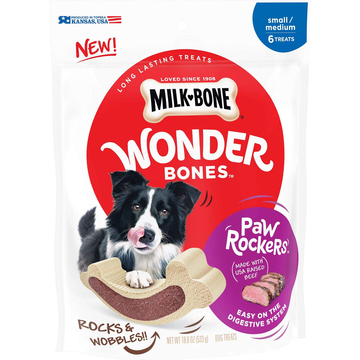 Milk-Bone Wonder Bones Long Lasting Dog Treats, Real Beef, 6 Small/Medium Paw Rockers