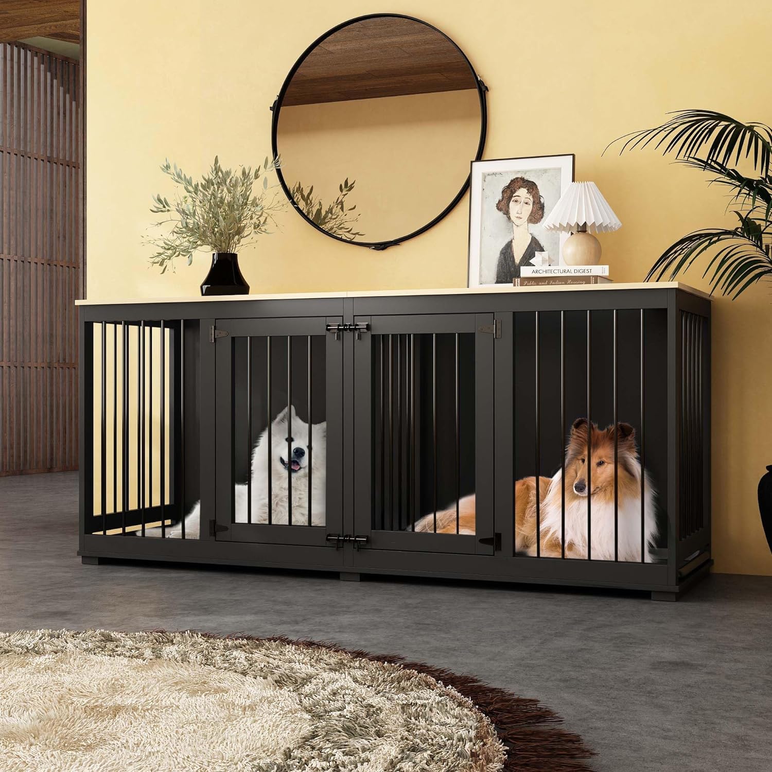 DAWNSPACES Double Dog Crates Furniture for Large Dogs, 71  Heavy Duty Wooden Kennel with Tray & Removable Divider, Indoor Furnit