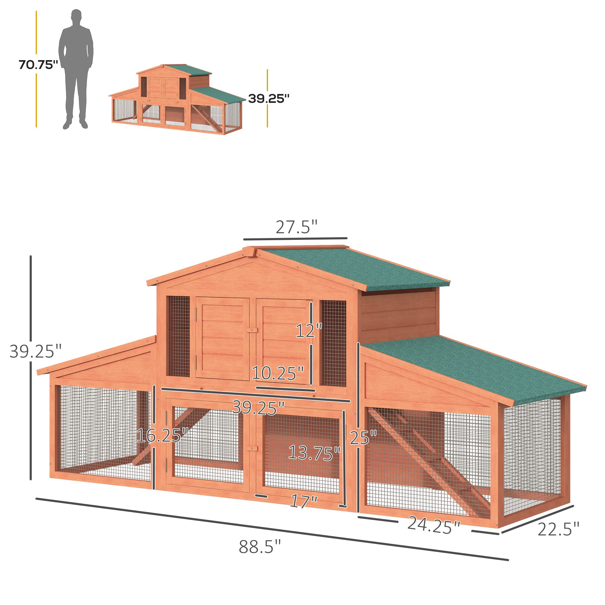Pawhut 89' L Outdoor Rabbit Hutch, Guinea Pig Cage Indoor Outdoor Wooden Bunny Hutch With Double Runs, Weatherproof Roof, Removable Tray, Ramps, Natural