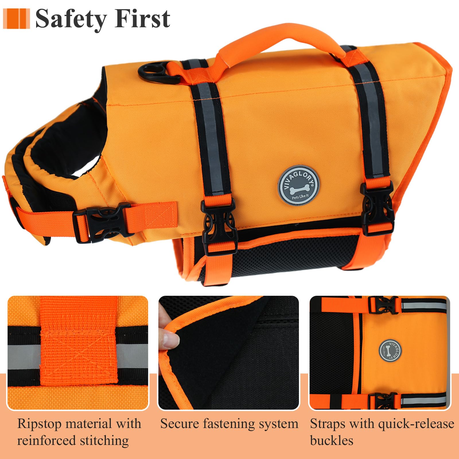 Vivaglory Ripstop Dog Life Jacket For Small Medium Large Dogs Boating, Dog Swimming Vest With Enhanced Buoyancy & Visibility, Dark Orange