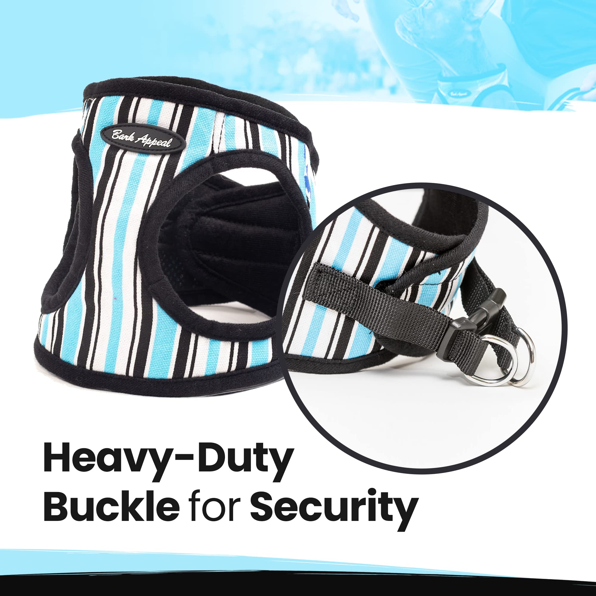 Bark Appeal Blue Stripe Step-in Dog Harness for Small-Medium Pets - Updated Sizing, Re-Measuring is Essential - Soft Vest Harnes
