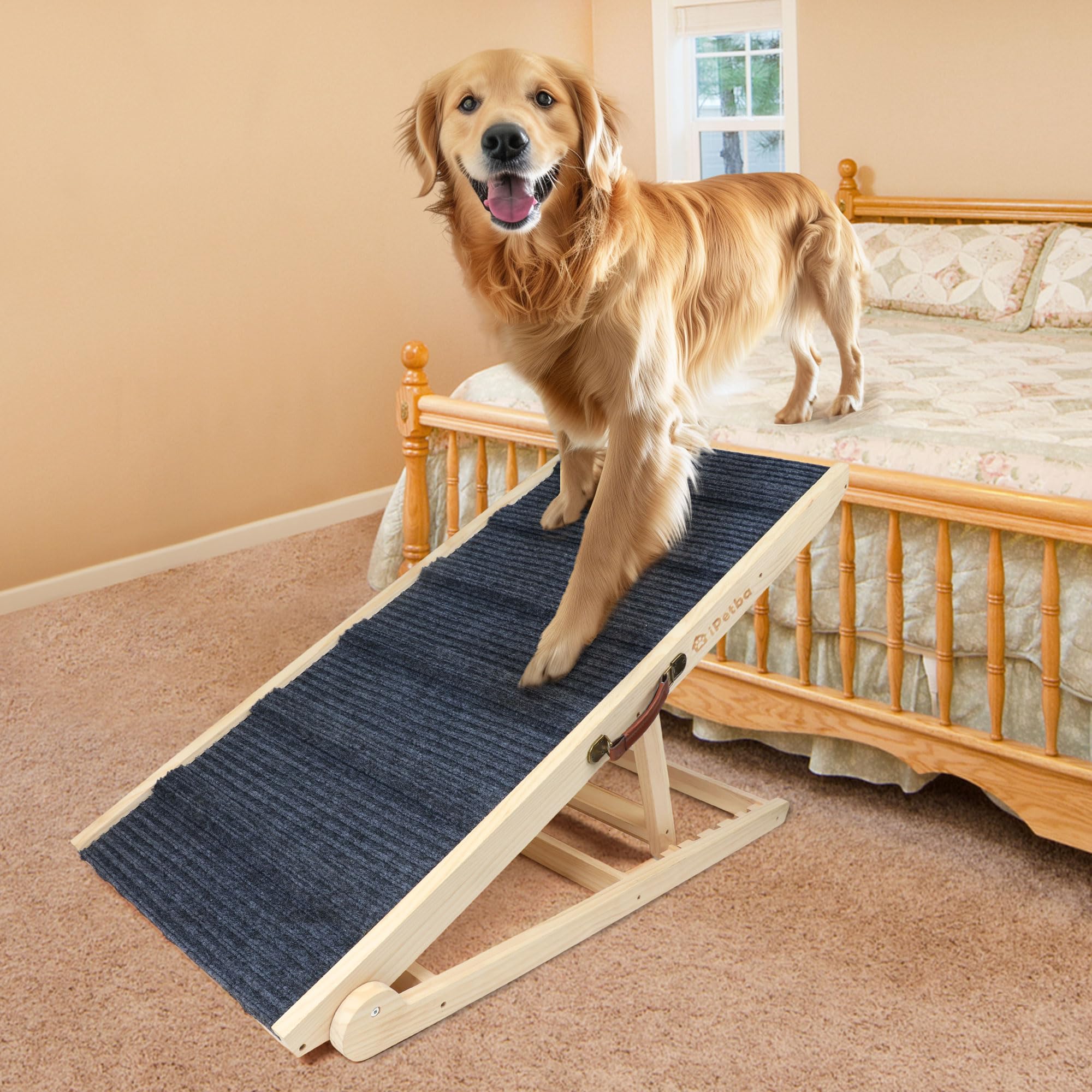 iPetba Extra Wide Dog Ramp for Bed Couch Wooden Pet Ramp for Large Dogs Up to 200 lbs, Adjustable Height 24   , 43.3 Long