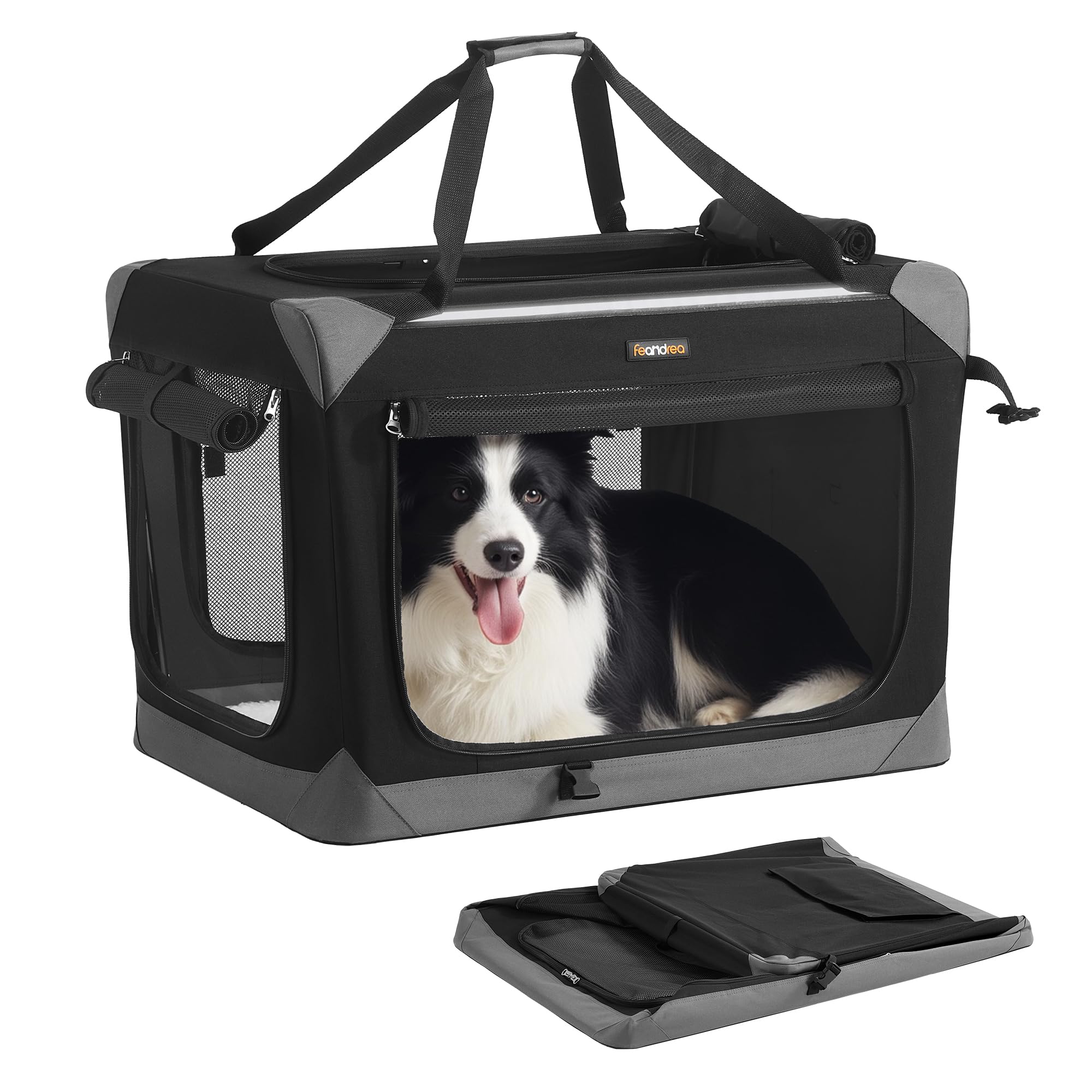 Feandrea Collapsible Dog Crate, Portable Oxford Fabric Pet Travel Crate with 4 Mesh Doors, Handles, Pocket, 30 Inches, for Mediu