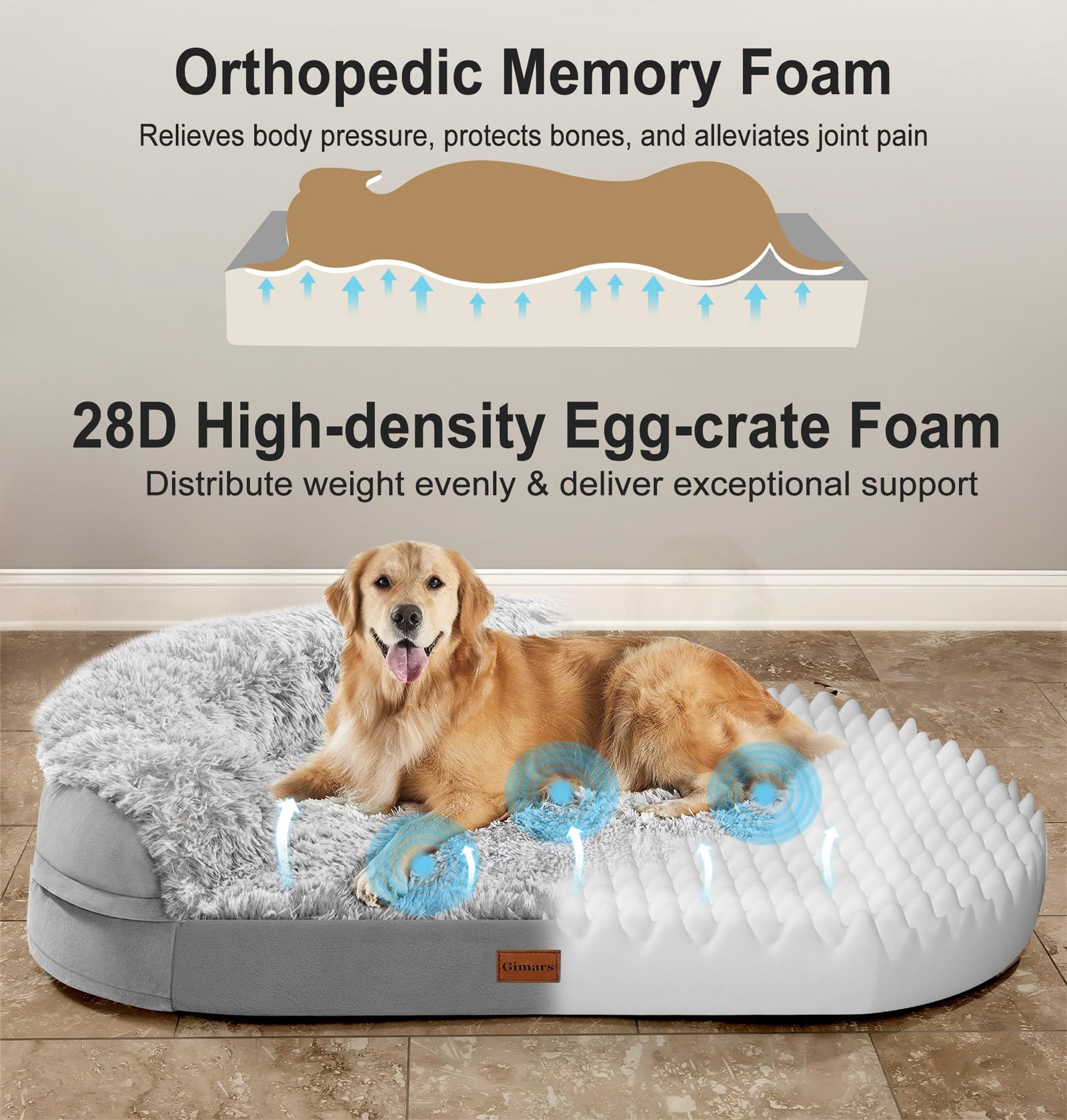 Gimars 3.7In Ultra Thick Orthopedic Dog Beds For Large Dogs,Soft Egg Foam Dog Sofa Bed, 28D Crate Foam Washable Cover, Waterproo