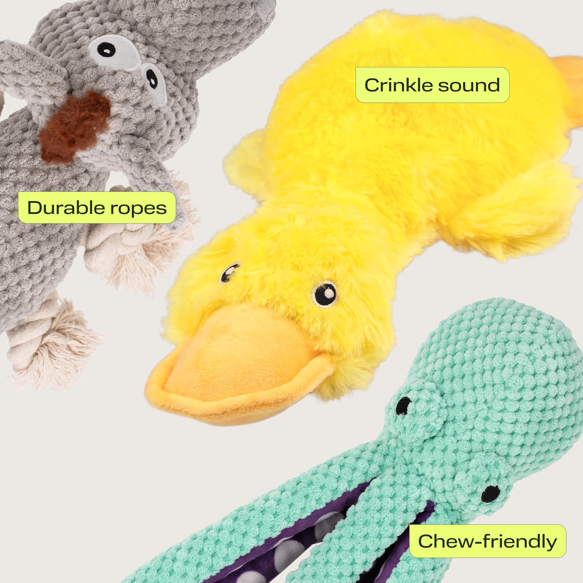 Petspy Squeaky Stuffed Dog Toy Pack - 3 Dog Chew Toys For Large, Medium, Small Dogs And Puppies- Rope Donkey, Plush Octopus, Cri
