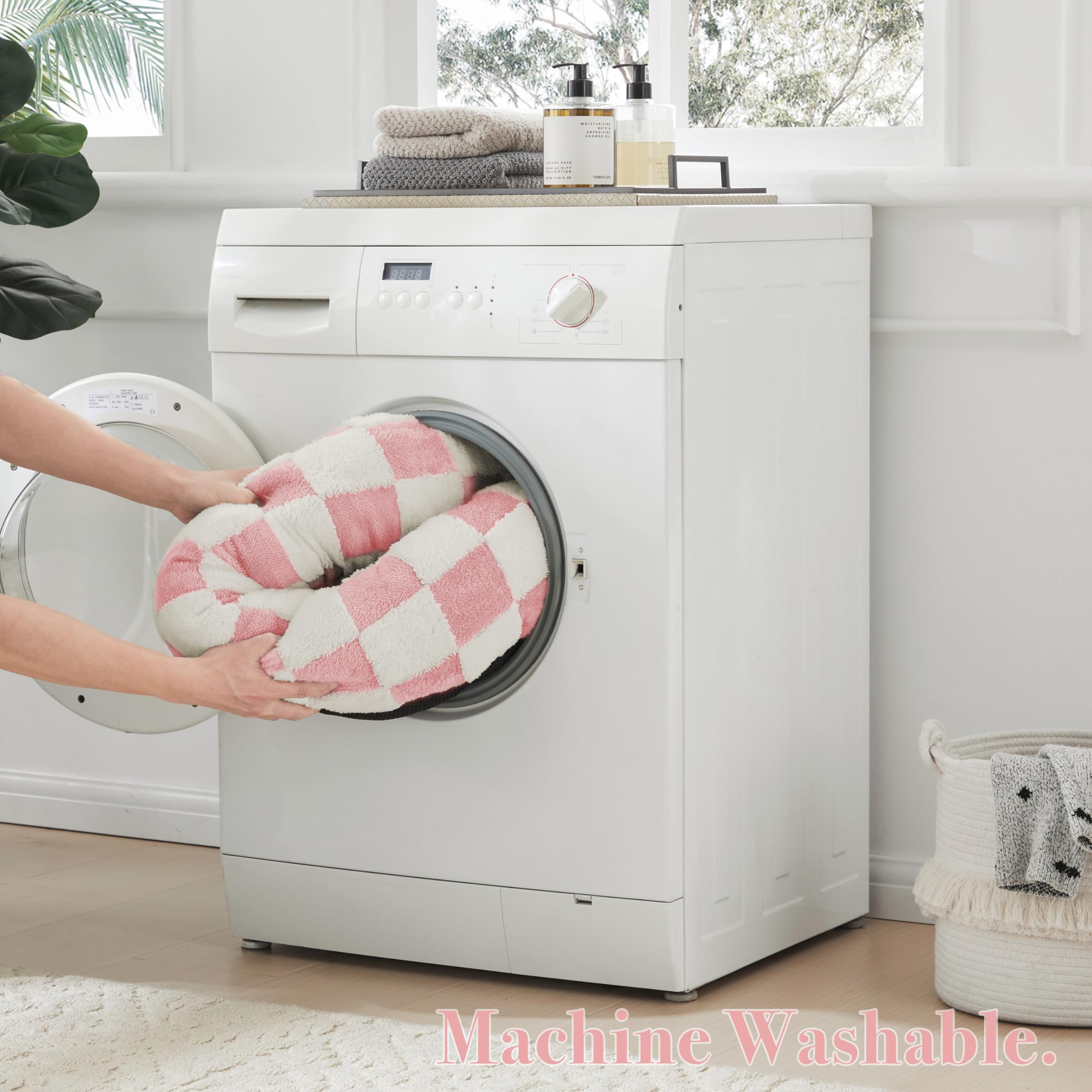 Ohocut Checkered Dog Bed, Cute Girly Pink Retro Style Aesthetic Round Warming Pet Calming Beds For Small Dog And Cats, Plush Coz