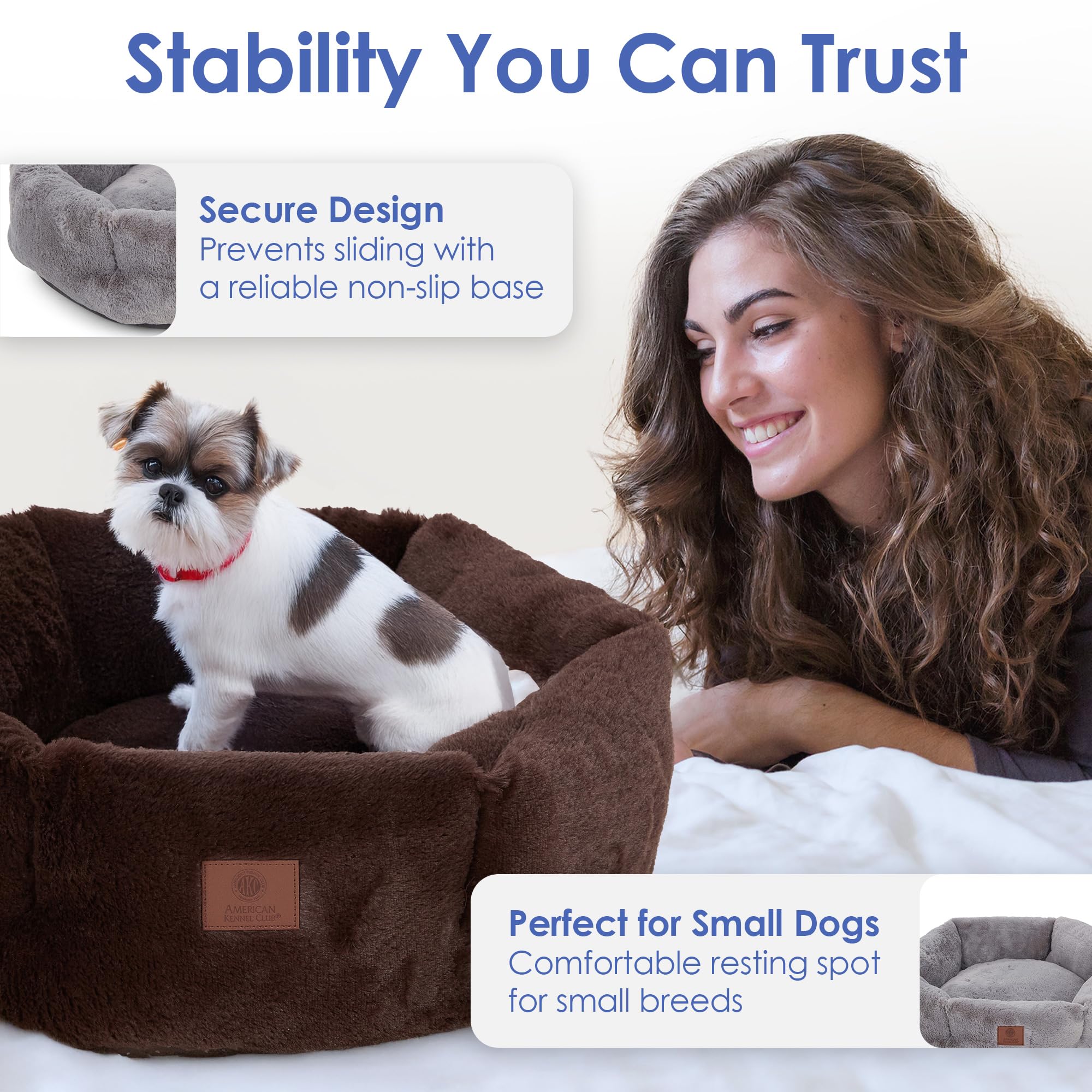 American Kennel Club Round Plush Dog Bed - 20 Cozy Donut Design For Small Pets, Ultra-Soft Washable Pet Bed With Non-Slip Bott