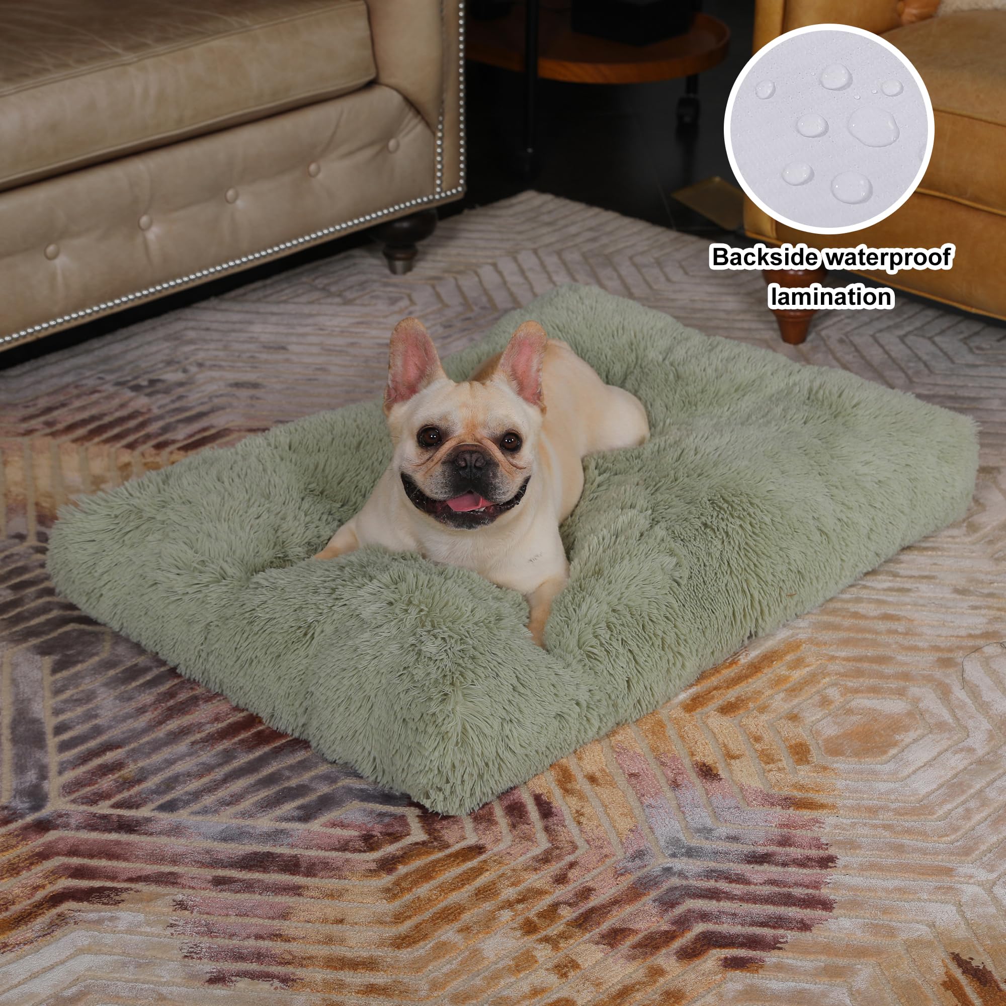Bedfolks Waterproof Crate Bed, Plush Dog Kennel Pad With Removable Cover, Faux Fur, Washable, 35'X23', Sage Green