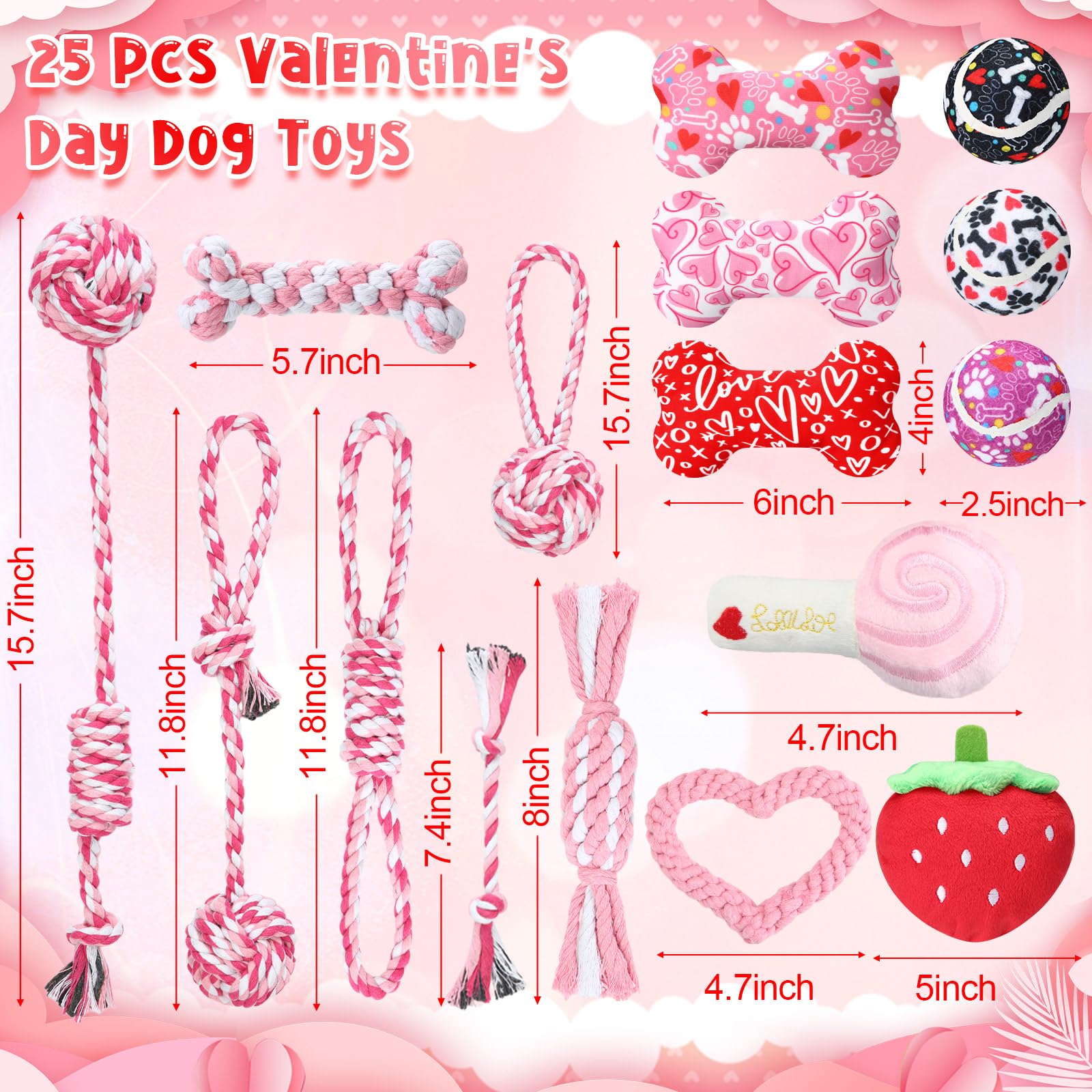 Winnerwhy 25 Pcs Valentines Dog Toys Set Dog Tennis Balls Squeaky Bone Toys Dog Rope Toys Plush Dog Toys For Pet Puppy Dog Valen