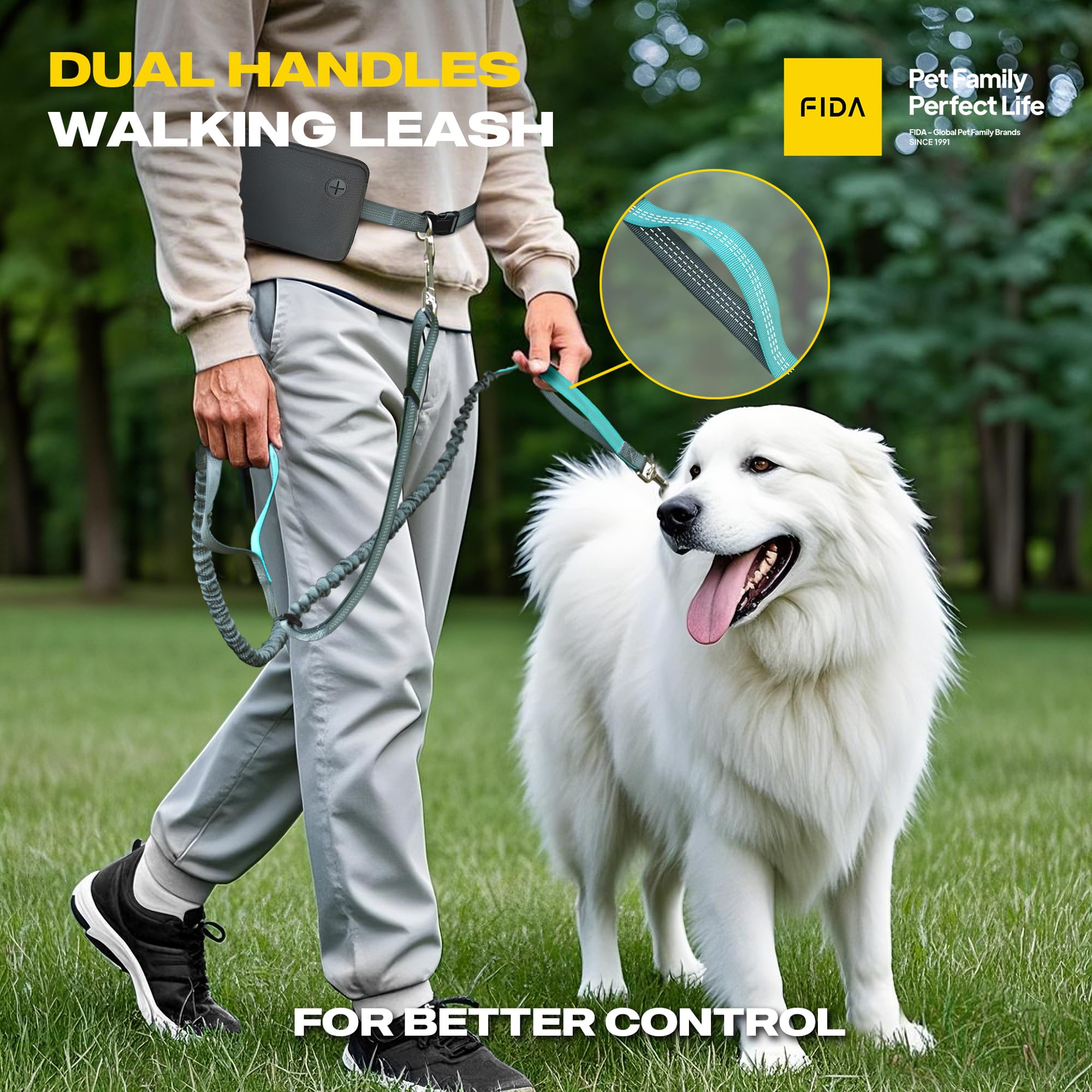 Fida 3-In-1 Hands Free Dog Leash With Zipper Pouch, Bungee & Reflective Straps - Adjustable 5-8Ft Crossbody/Waist Running Leash