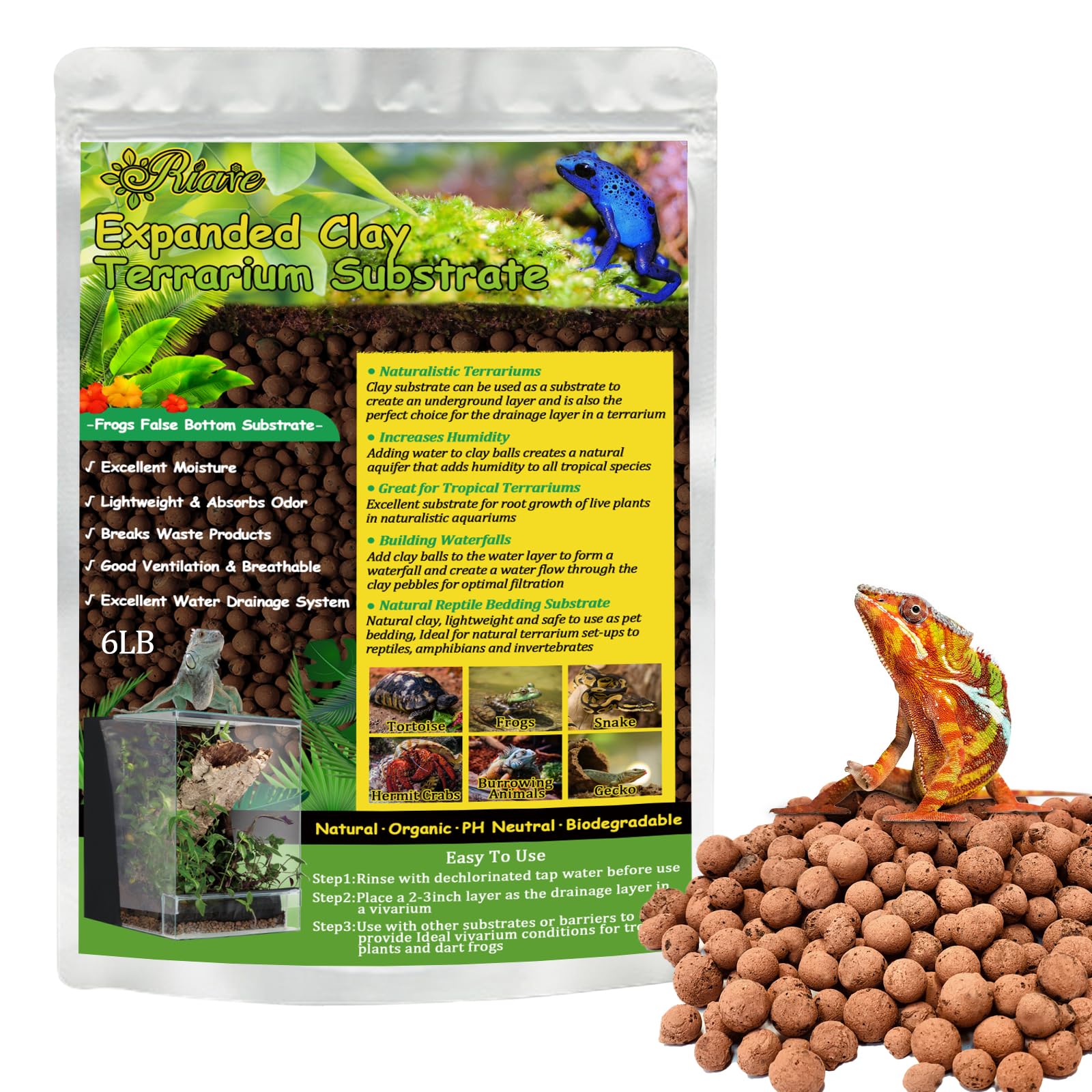 Riare 6Lbs Expanded Clay Balls Terrarium Substrate For Reptiles - 100% Organic Lightweight Clay Pebbles Substrate Frogs False Bo