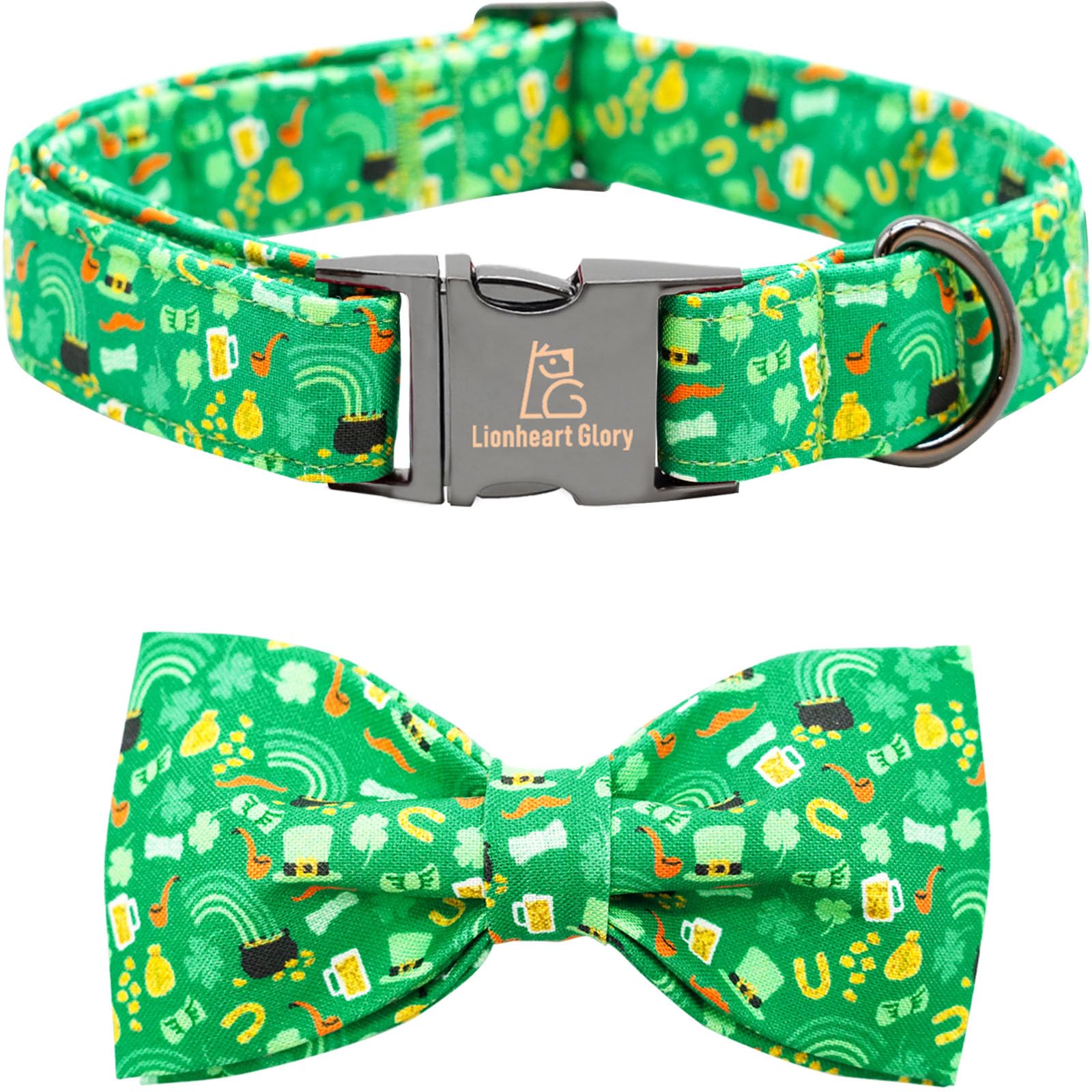 Lionheart Glory Dog Bow Collar St. Patrick'S Day Dog Collar For Medium Dogs, Adjustable Green Collars Lucky Clover Shamrock Dog 