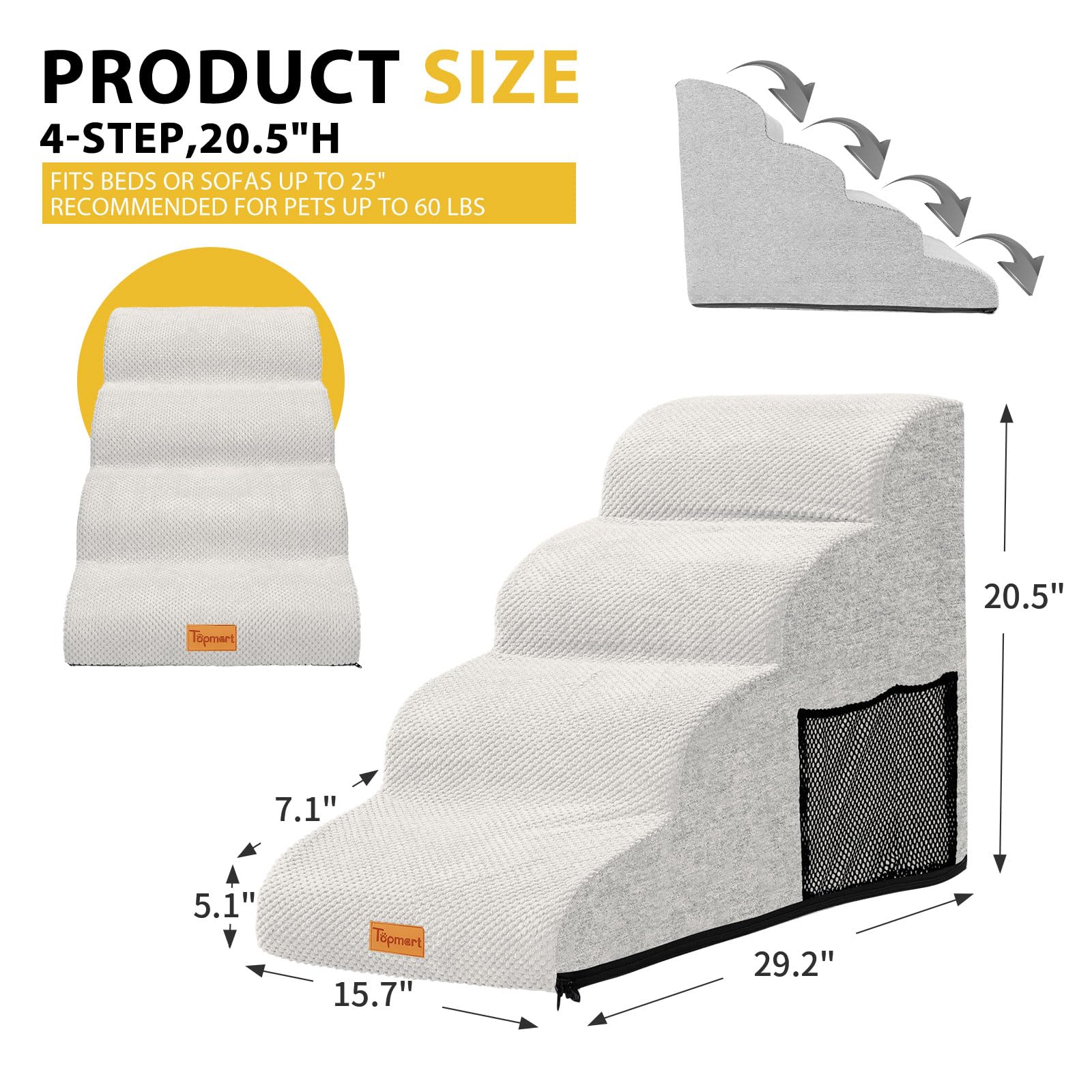 Dog Stairs For Small Dogs,4-Step,Foam Dog Steps&Ramps For Couch/High Beds With Waterproof &Removable Cover, Non-Slip, White