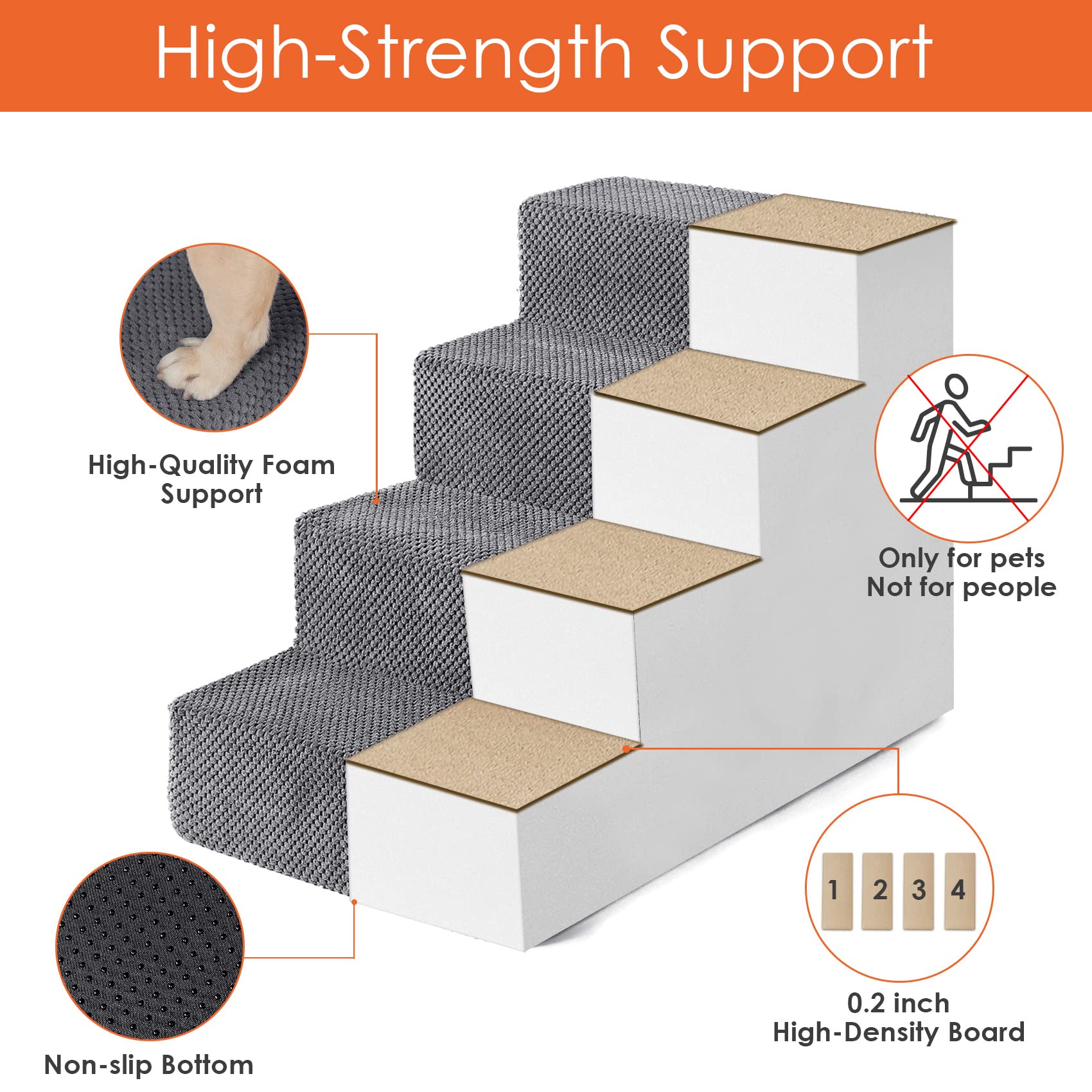 Eheyciga Dog Stairs For Small Dogs, 4-Step Dog Stairs For High Beds And Couch, Folding Pet Steps For Small Dogs And Cats, And High Bed Climbing, Non-Slip Balanced Dog Indoor Step, Grey, 3/4/5 Steps