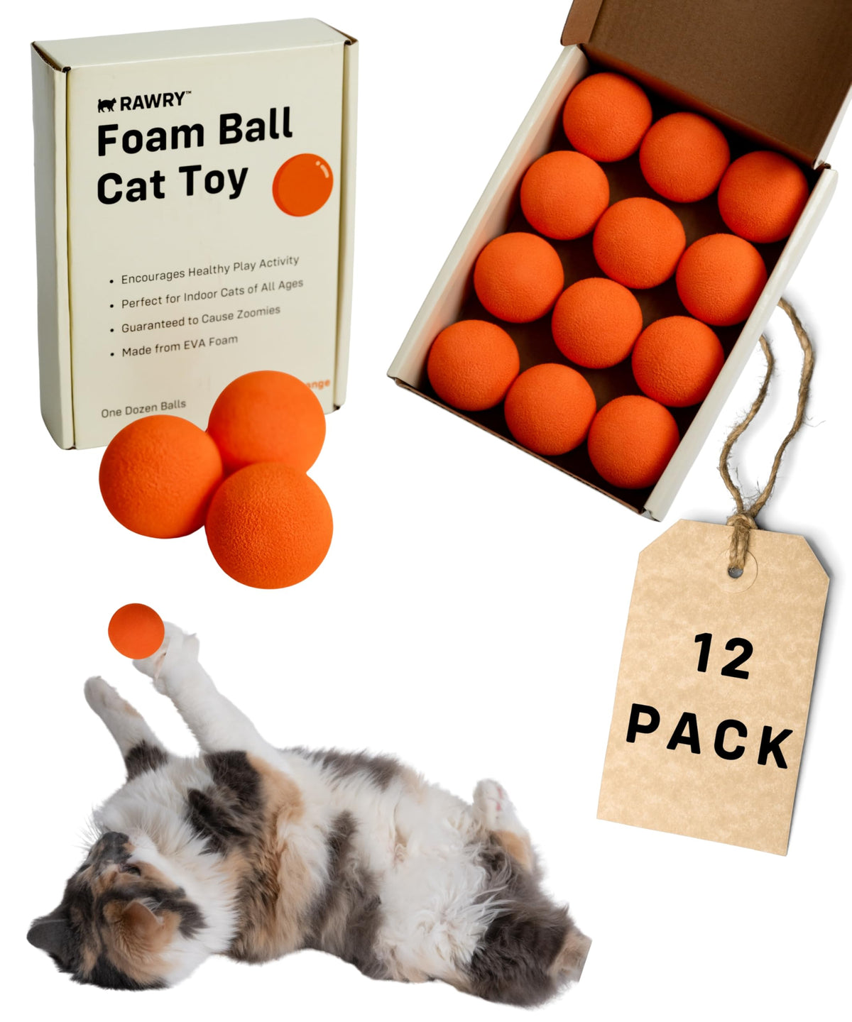 Rawry Foam Ball Cat Toy Set - 12 Foam Balls For Indoor Cats & Kittens | Soft, Durable, Bouncy Balls For Playtime & Exercise | Li