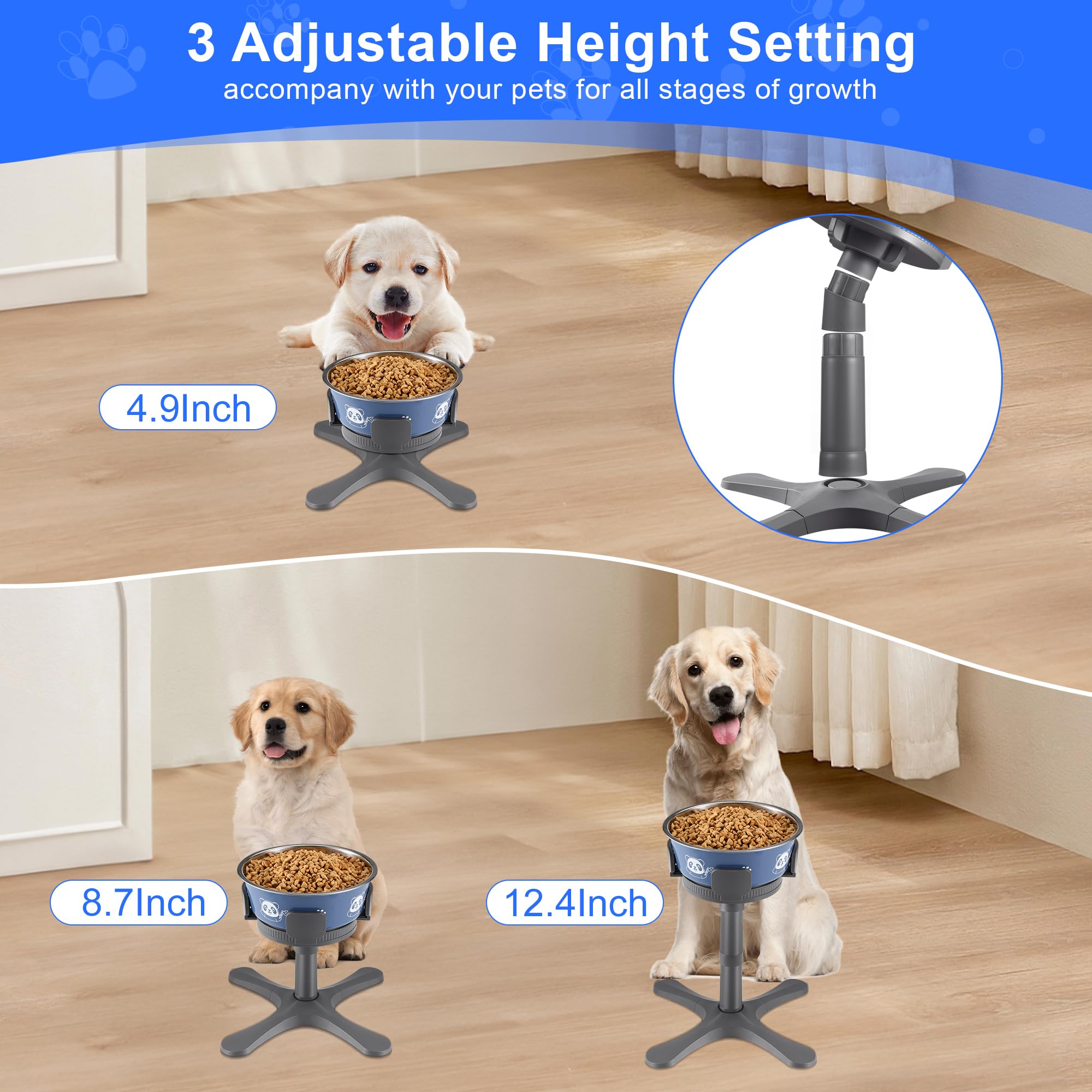 Dog Bowls,Elevated Adjustable Dog Bowl Stand with 3 Heights & Tilted Feeding Design, Raised Stand Compatible with Medium & Large