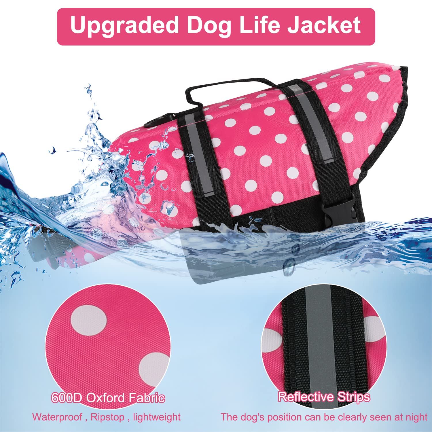 Haocoo Dog Life Jacket Vest Saver Safety Swimsuit Preserver With Reflective Stripes/Adjustable Belt Dogs?Pink Polka Dot,Xs