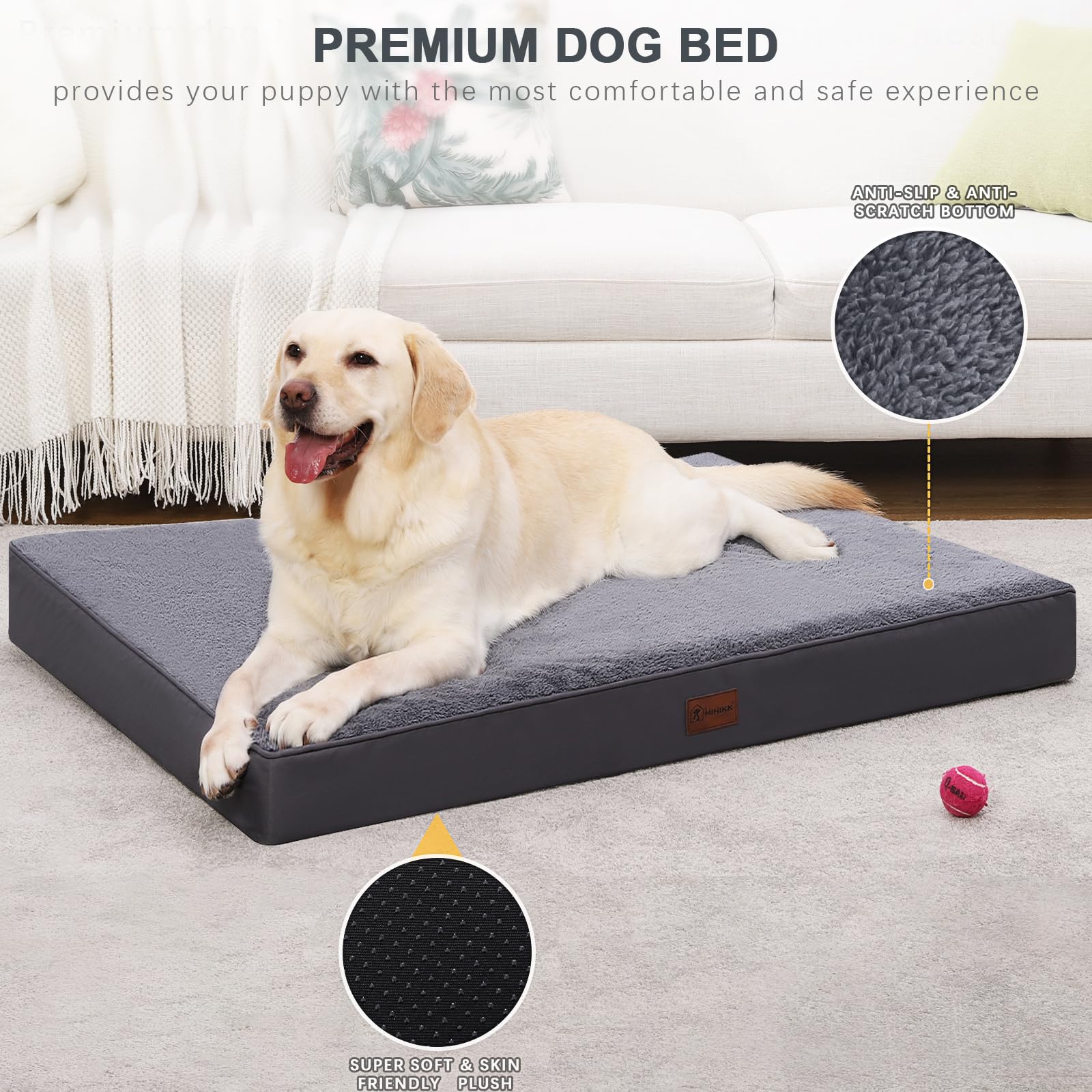 MIHIKK Waterproof Orthopedic Dog Bed 41"x27" Grey with Removable Washable Cover and Anti-Slip Bottom, Model MIA32GD003