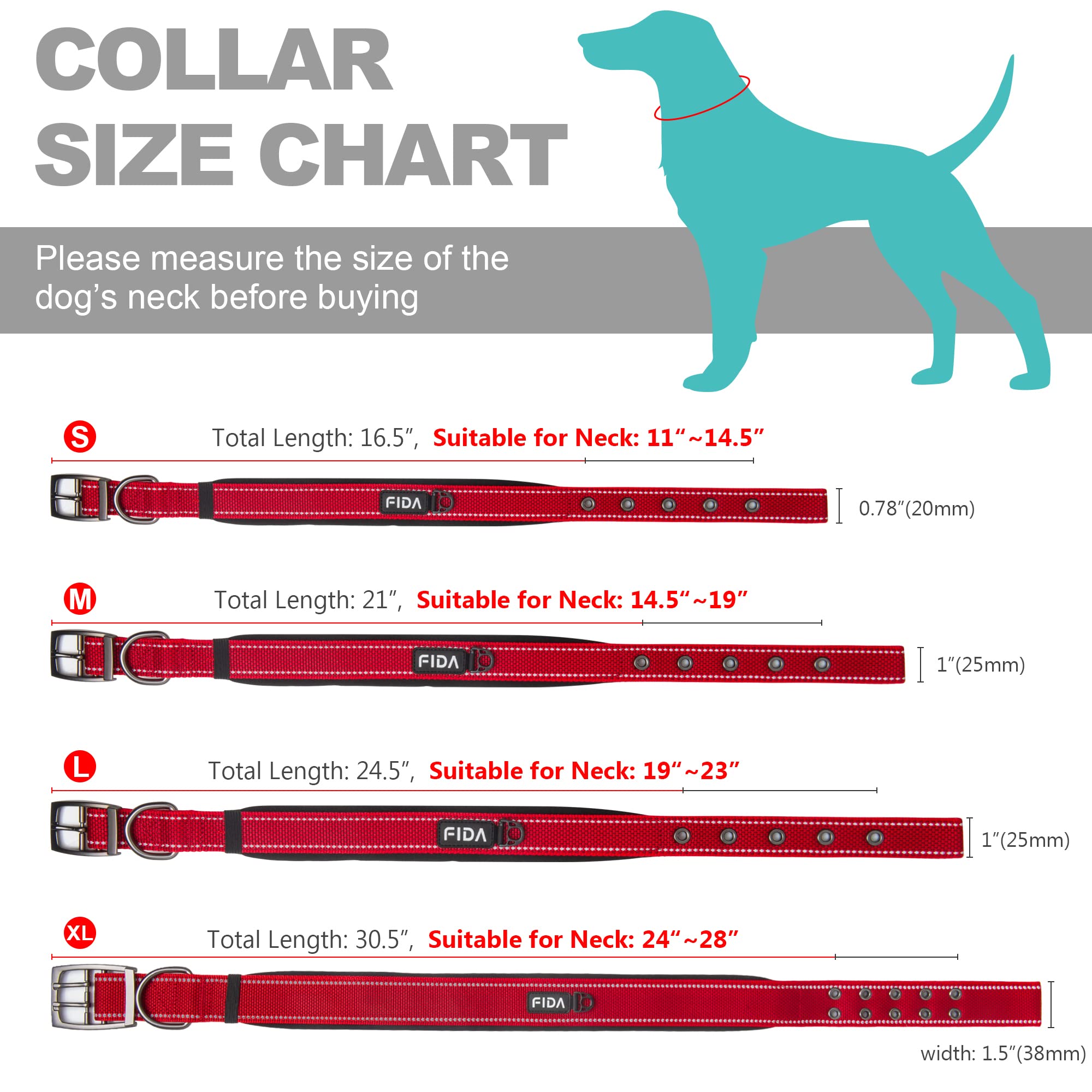 Fida Heavy Duty Dog Collar, Ultra Comfortable Soft Neoprene Padded, Adjustable Reflective Nylon Pet Collar With Durable Metal Belt Buckle For Large Breeds (L, Red)