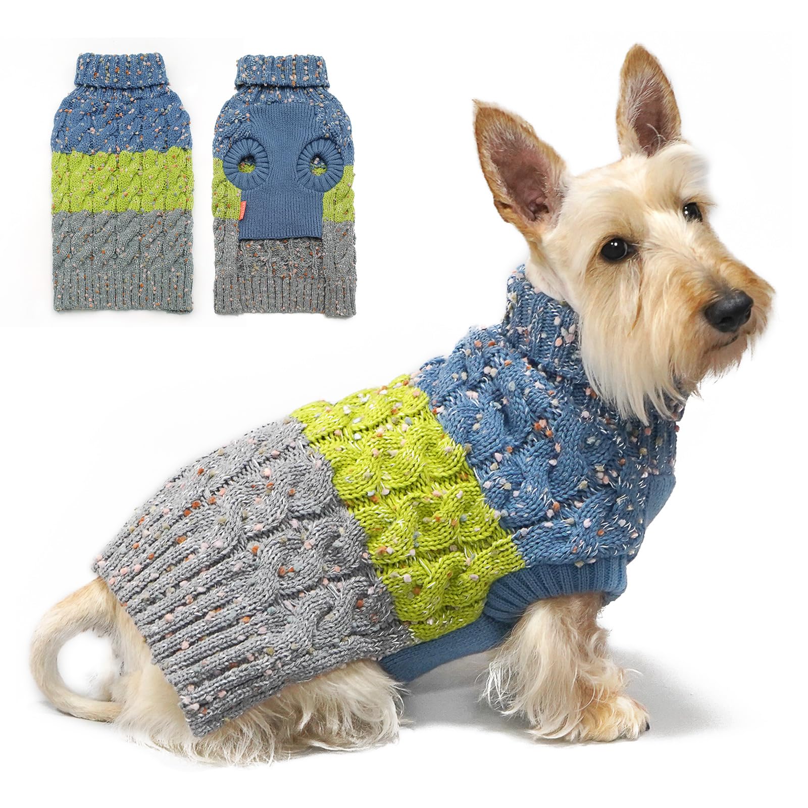 Kyeese Dog Sweater, X-Large (19-27Lbs), 3# Green, High-Density Acrylic, Turtle Neck, Color Block, Medium Breeds, Fall Winter Dog