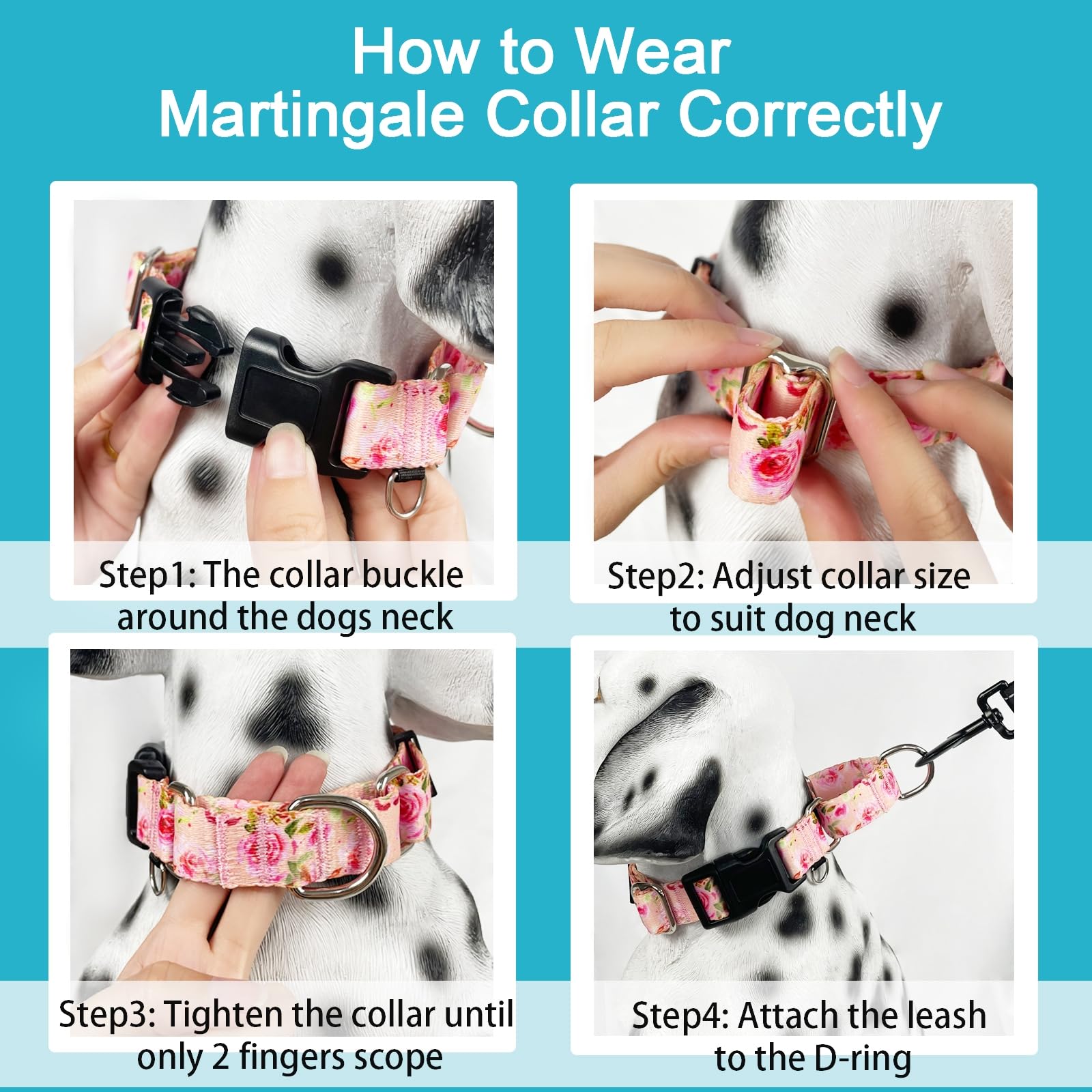 Fidohug Female Martingale Dog Collar With Buckle Cute Girl Pink Floral Dog Collars For Medium Dogs, Watercolor Pink Rose