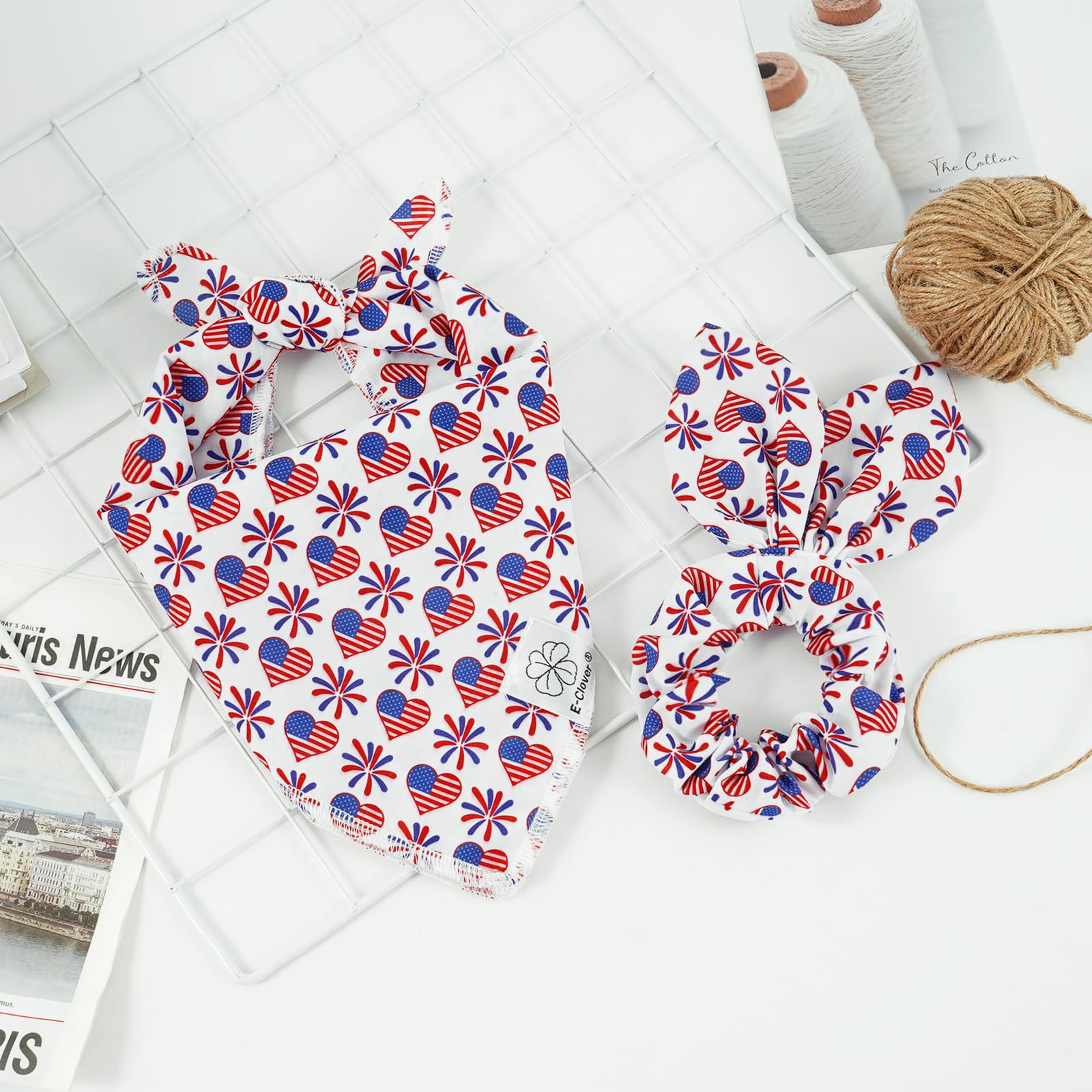 E-Clover 4Th Of July Dog Bandanas & Matching Scrunchie Set American Flag Dog Scarf Bibs Pet Bandana With Bow Tie For Small Dogs